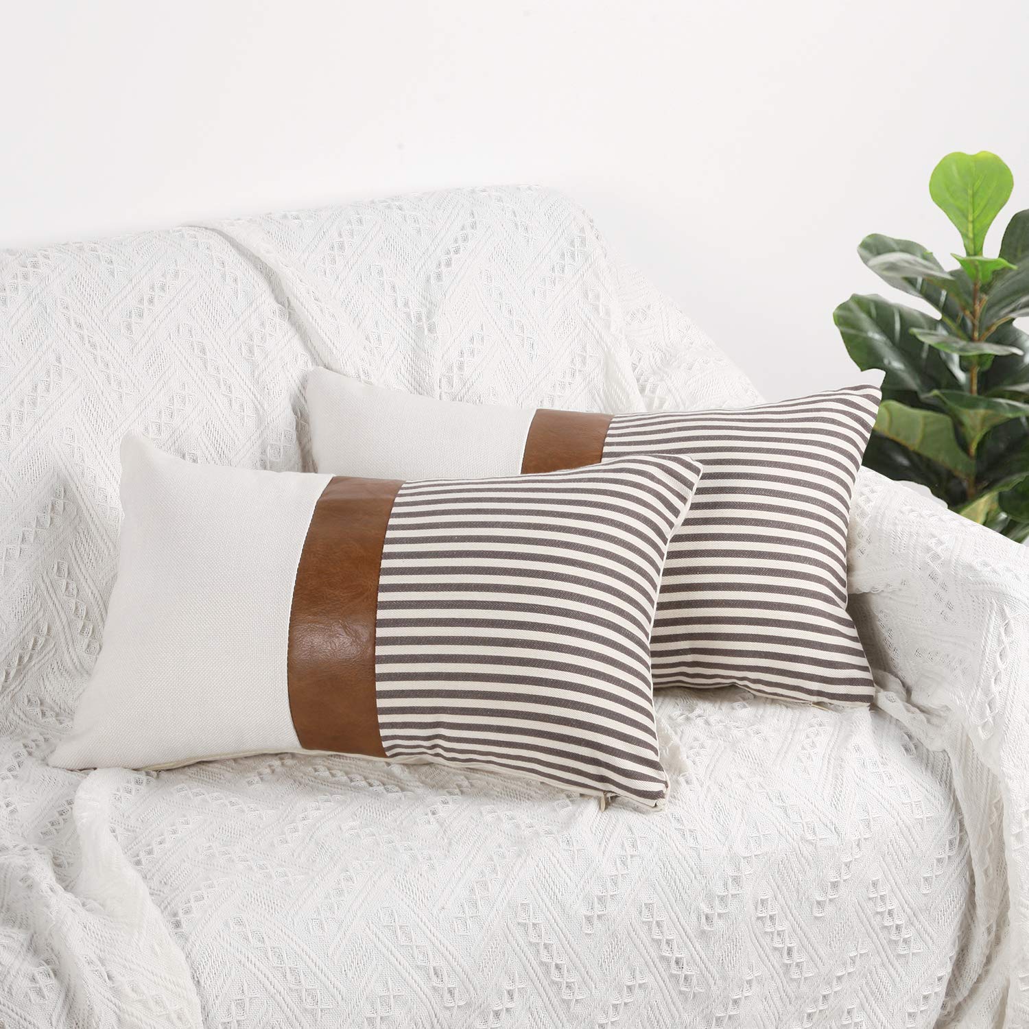 16x16 inch Pillow Covers Set of 2 Farmhouse Decor Stripe Patchwork Linen Throw Pillow Covers Modern Faux Leather Covers for Couch Sofa,Black
