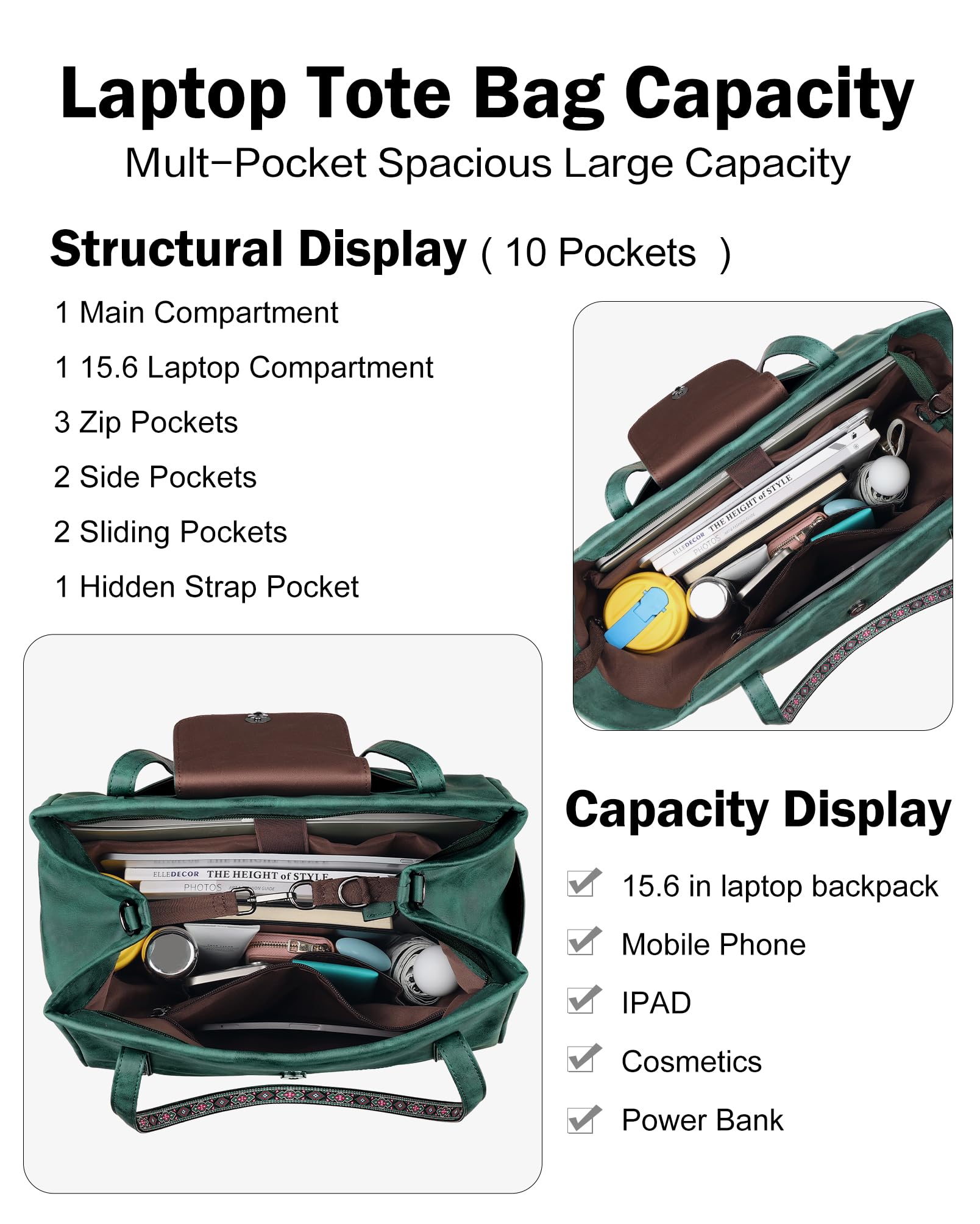 FADEON Large Laptop Tote Bag for Women Designer Leather Laptop Bag Fashion Travel Backpack Purse Shoulder Handbag