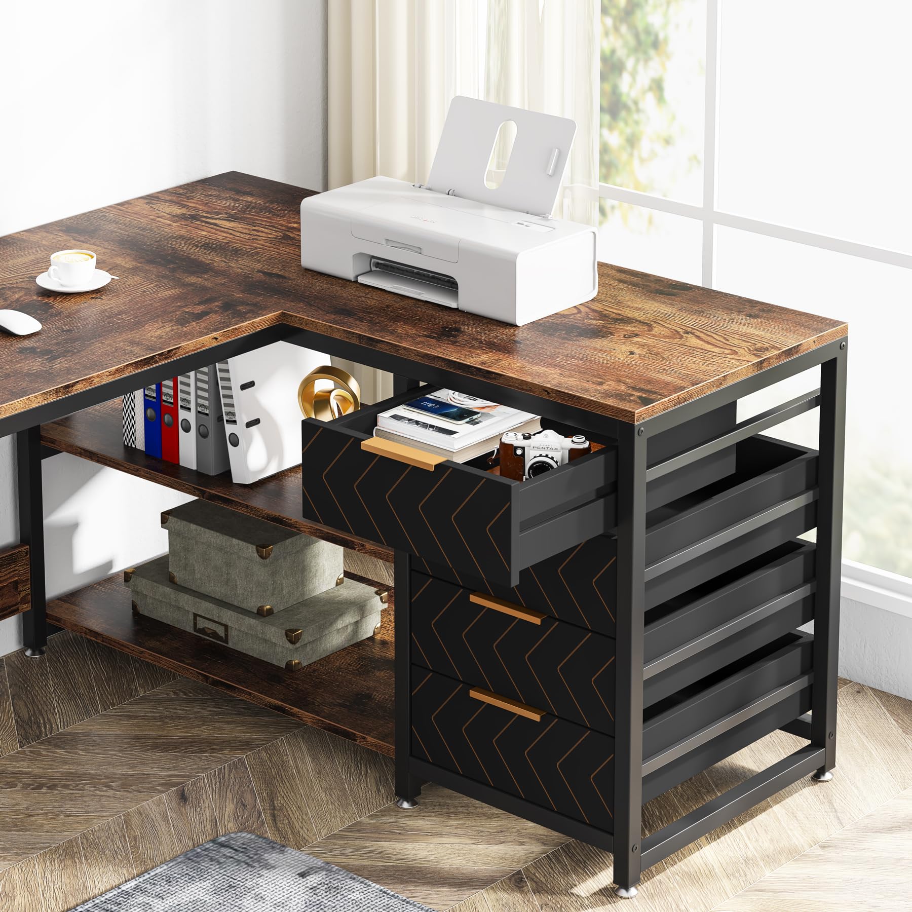 LITTLE TREE 59-Inch L Shaped Desk with Drawers, Large Computer Desk with Storage Shelves, Reversible L-Shaped Corner Desk Workstation for Home Office