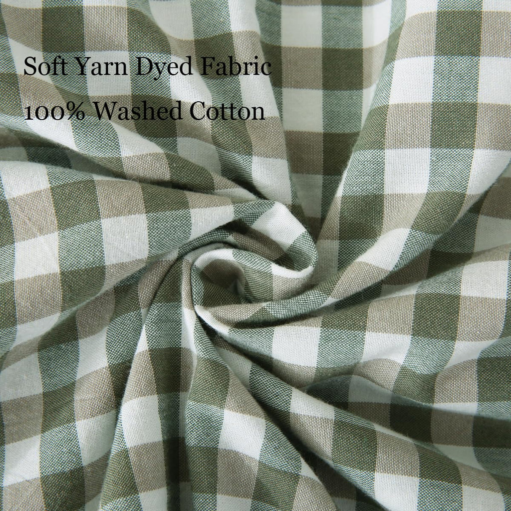 Silnuo Green/White Plaid Ruffled Queen Size Pillow Shams Set of 2,Washed Cotton Shabby Checkered Gingham Farmhouse Bed Pillow Covers 20"x30"