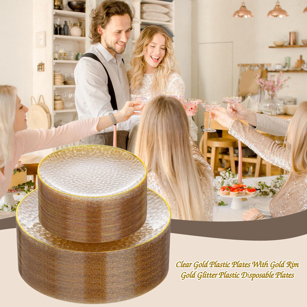 Rubtlamp 100Pcs Amber Gold Plastic Plates, Disposable Plates With Gold Rim, Heavy-duty Party Platos, Hammered Plastic Plates Include 50 Clear Dessert Plates, 50 Dinner Plates for Party