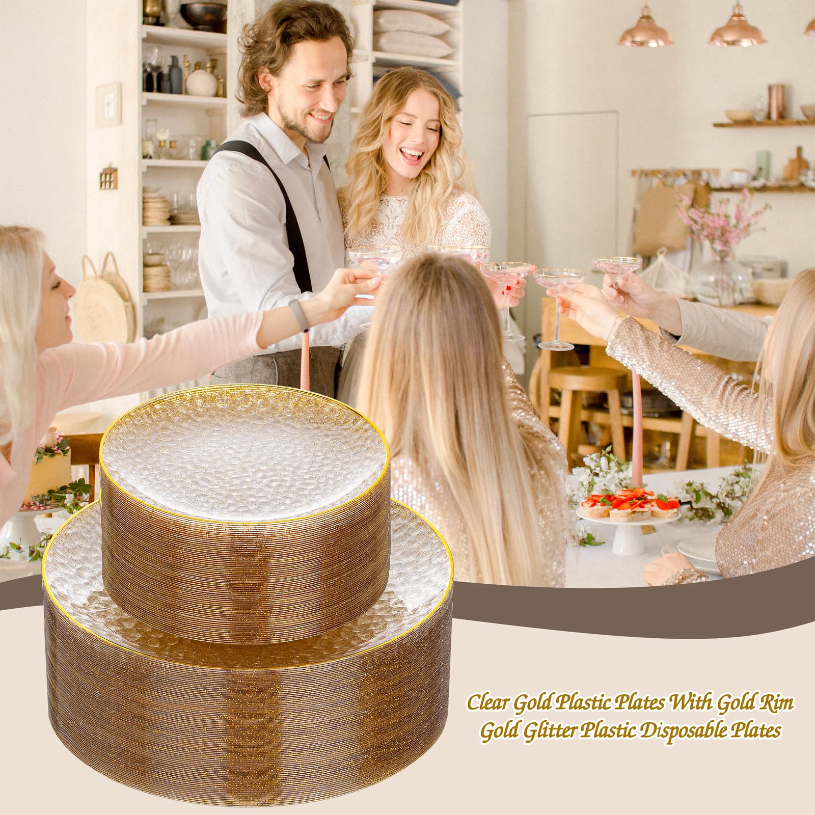 Rubtlamp 100Pcs Amber Gold Plastic Plates, Disposable Plates With Gold Rim, Heavy-duty Party Platos, Hammered Plastic Plates Include 50 Clear Dessert Plates, 50 Dinner Plates for Party