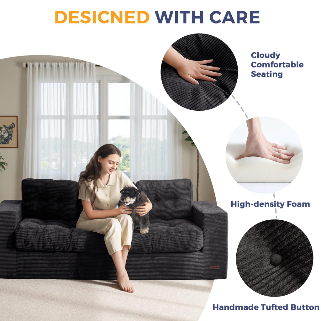MAXYOYO 3 Seater Sofa Couch for Living Room, Tufted Boneless Couch Sofa Couch, Comfy Bubbled Bean Bag Chair for Apartment, No Assembly Needed, Beige