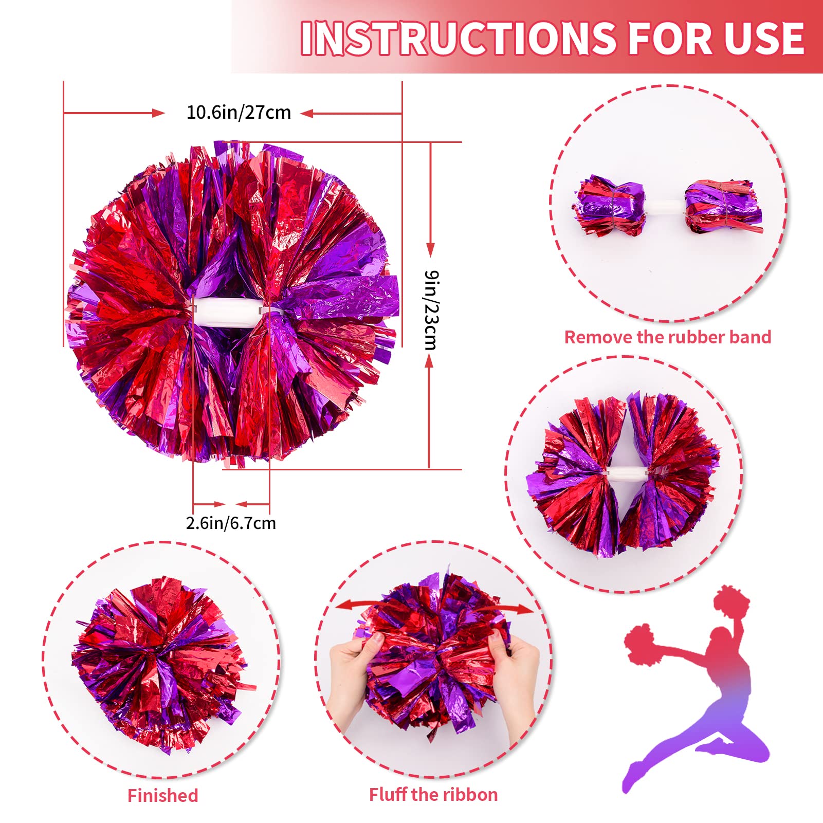 4Pcs Metallic Cheerleading Pom Poms, Creatiee 2 Pair Cheerleader Cheering Squad Pompoms for School Sports Dance Games Team Spirit Cheer