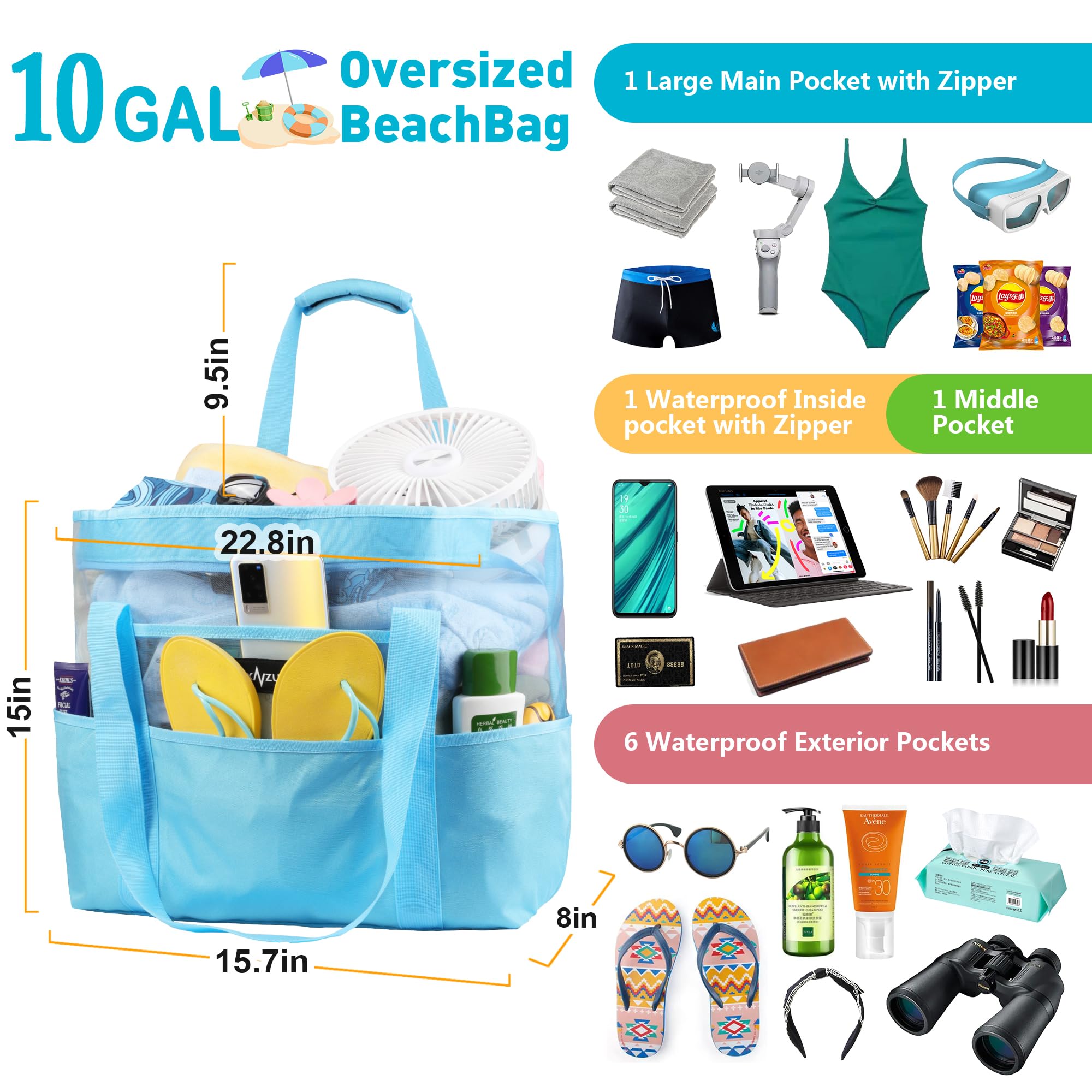 Mesh Beach Bag - Large Waterproof Beach Tote Bag with Zipper, Oversized Foldable Lightweight Family Swim Bag Vacation