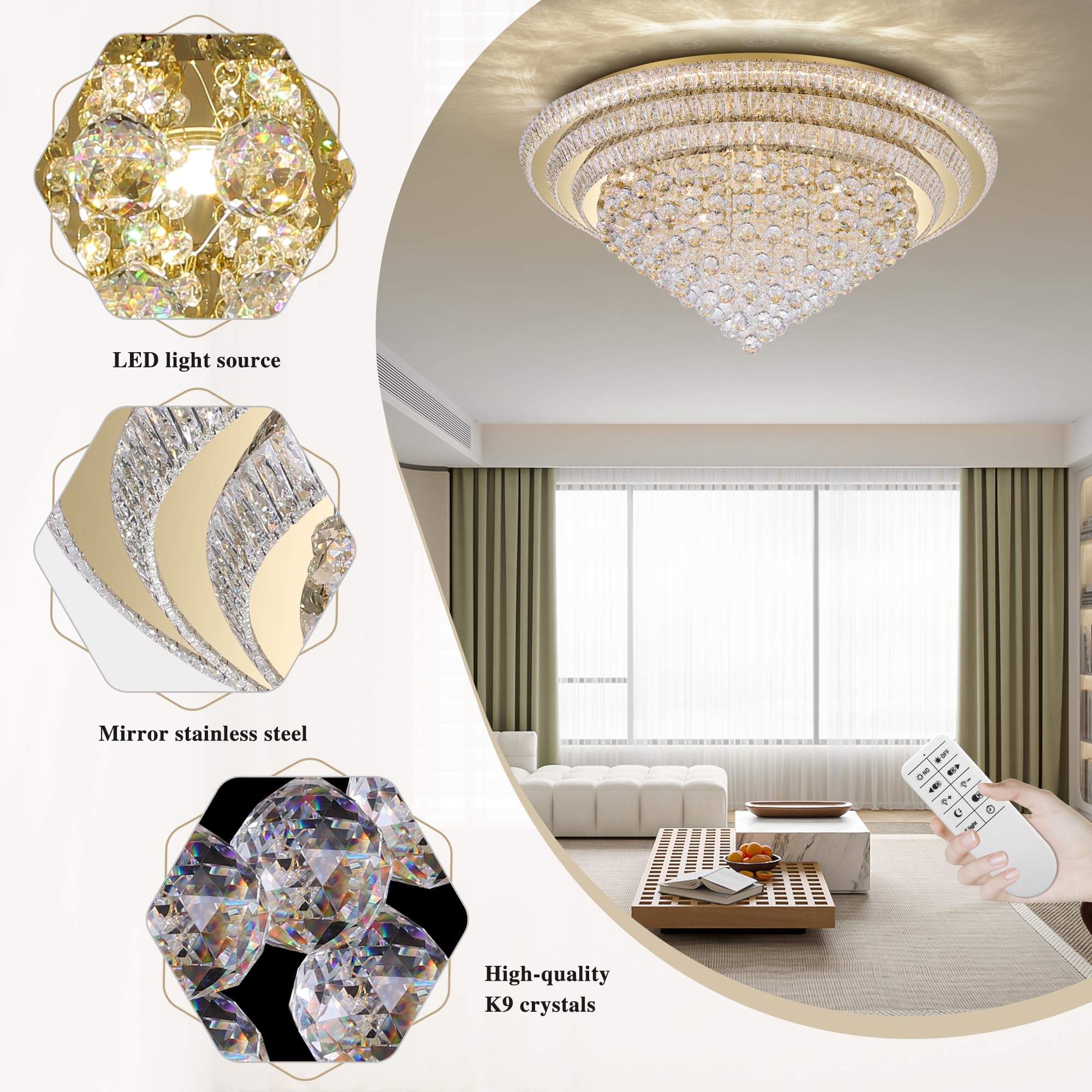 COCOSTAR 20" Gold Crystal Chandeliers, Flush Mount Chandelier LED Ceiling Light, Modern Crystal Raindrop Chandeliers for Dining Room, Living Room, Bedroom
