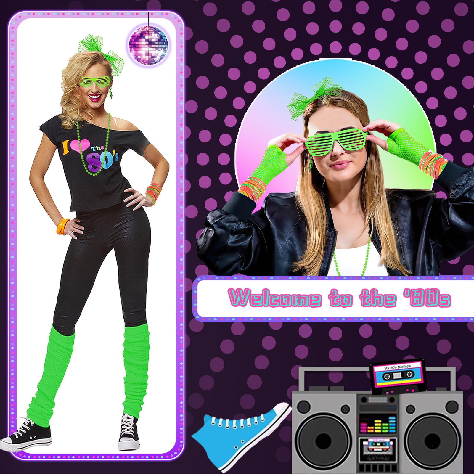 Upgraded 80s Outfit Costume for Women,80s Party Costume Accessory Sets with T-Shirt Tutu Skirt Waist Pack etc