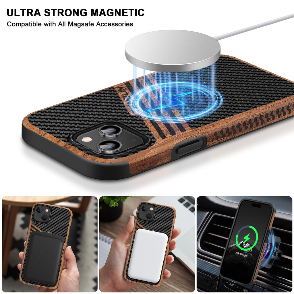 TENDLIN Compatible with iPhone 15 Case Wood Grain with Carbon Fiber Texture Design Leather Hybrid Slim Case (Black)