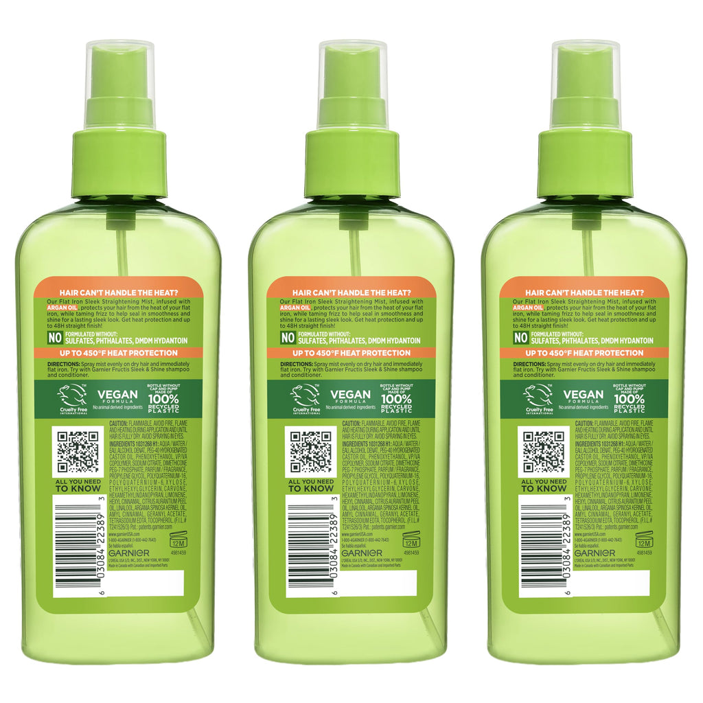 Garnier Fructis Style Flat Iron Perfector Straightening Mist for Heat Protection, Argan Oil, 6.0 Fl Oz, 3 Count (Packaging May Vary)
