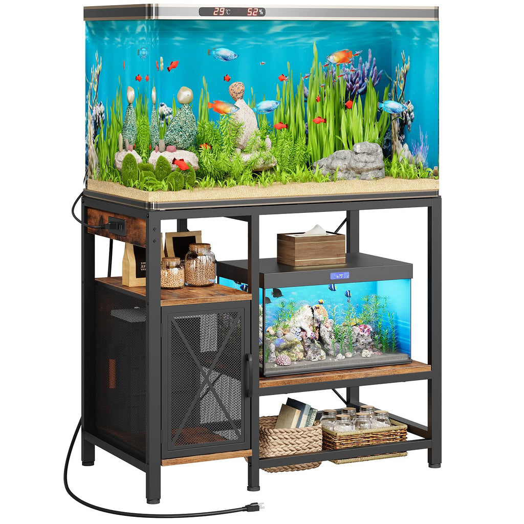 MAHANCRIS 20-37 Gallon Fish Tank Stand, Aquarium Stand with Power Outlet and Storage Cabinet, Heavy Duty Tank Stand Suitable for Turtle Tank, Reptile Terrarium, for Home Office, Black FTHB40E01
