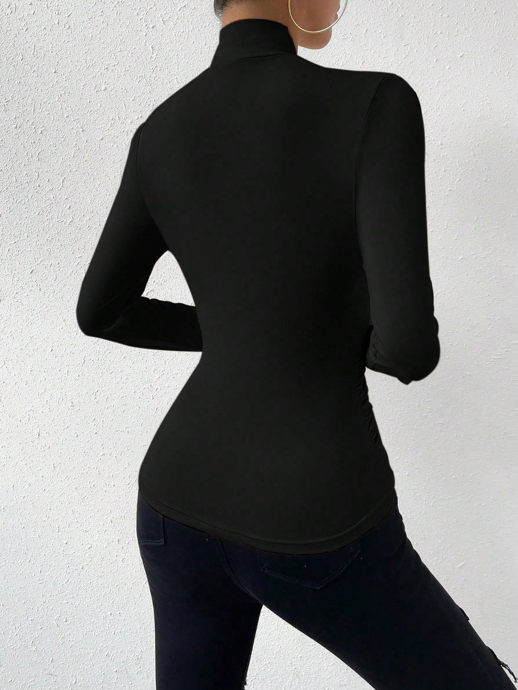 SweatyRocks Women's Ruched Mock Neck Long Sleeve T Shirt Solid Slim Fitted Tee Tops