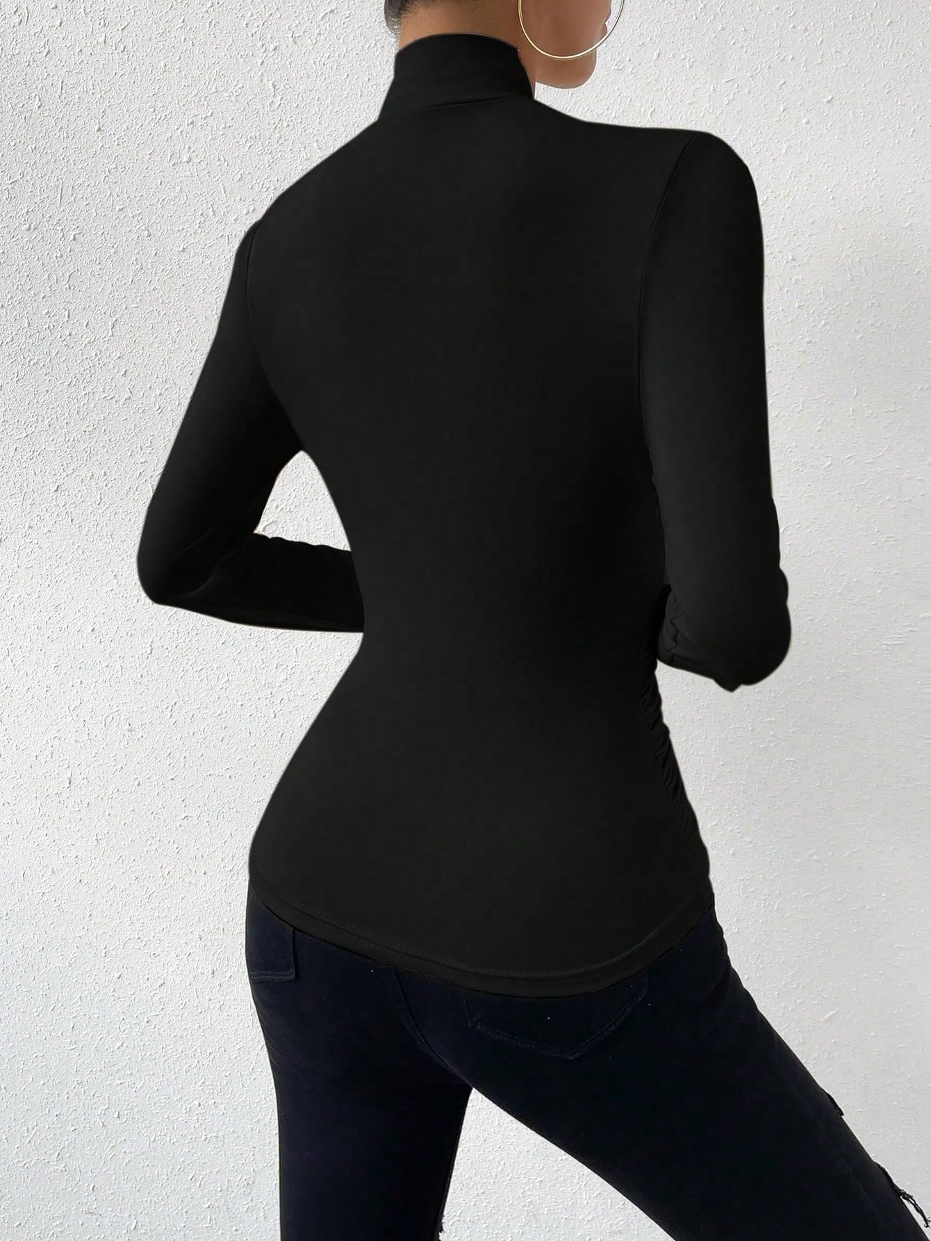 SweatyRocks Women's Ruched Mock Neck Long Sleeve T Shirt Solid Slim Fitted Tee Tops