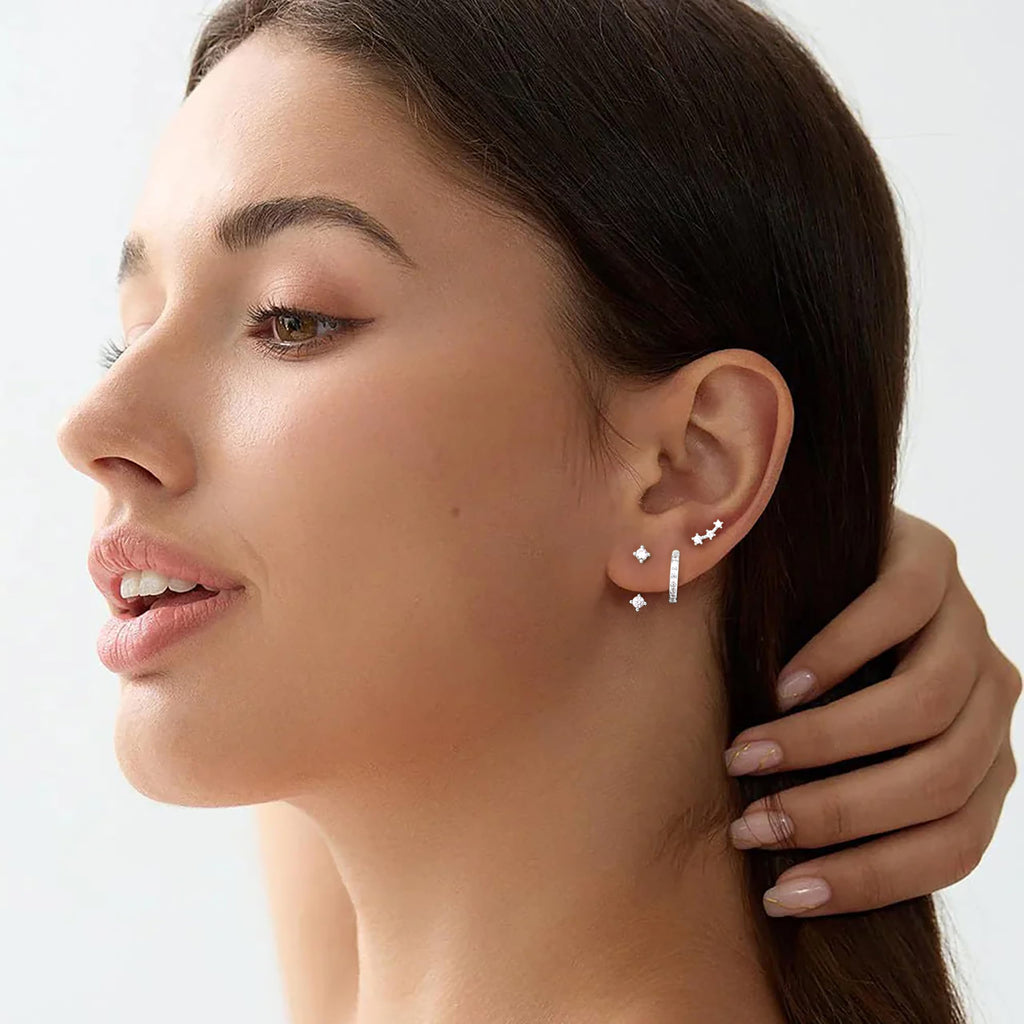 3 Pairs Dainty Small Earrings Set for Women Trendy, Birthstone Stud Huggie Hoop Jacket Stack for Cartilage Helix, Gold Plated Hypoallergenic Cute Women Fashion Accessories Western Jewelry Gifts
