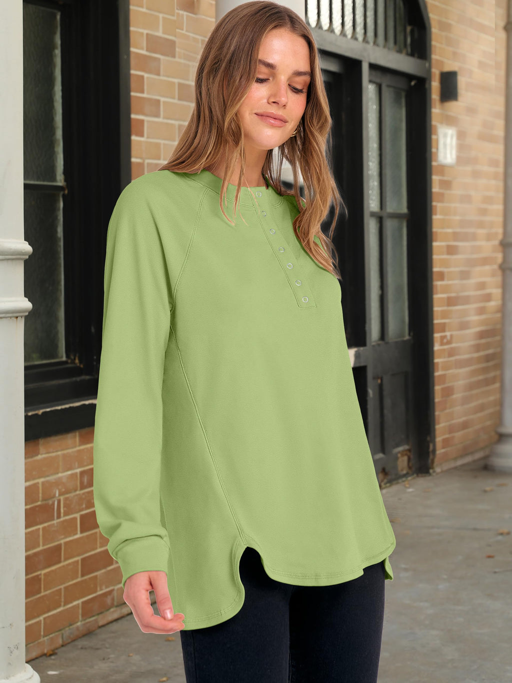 ANRABESS Women's Long Sleeve Henley Oversized Sweatshirts | Button Slit Hem Tunic Tops, Soft Loose Fit Pullover, School Work Office Outfits, Lounge Casual, Fall Winter Clothes