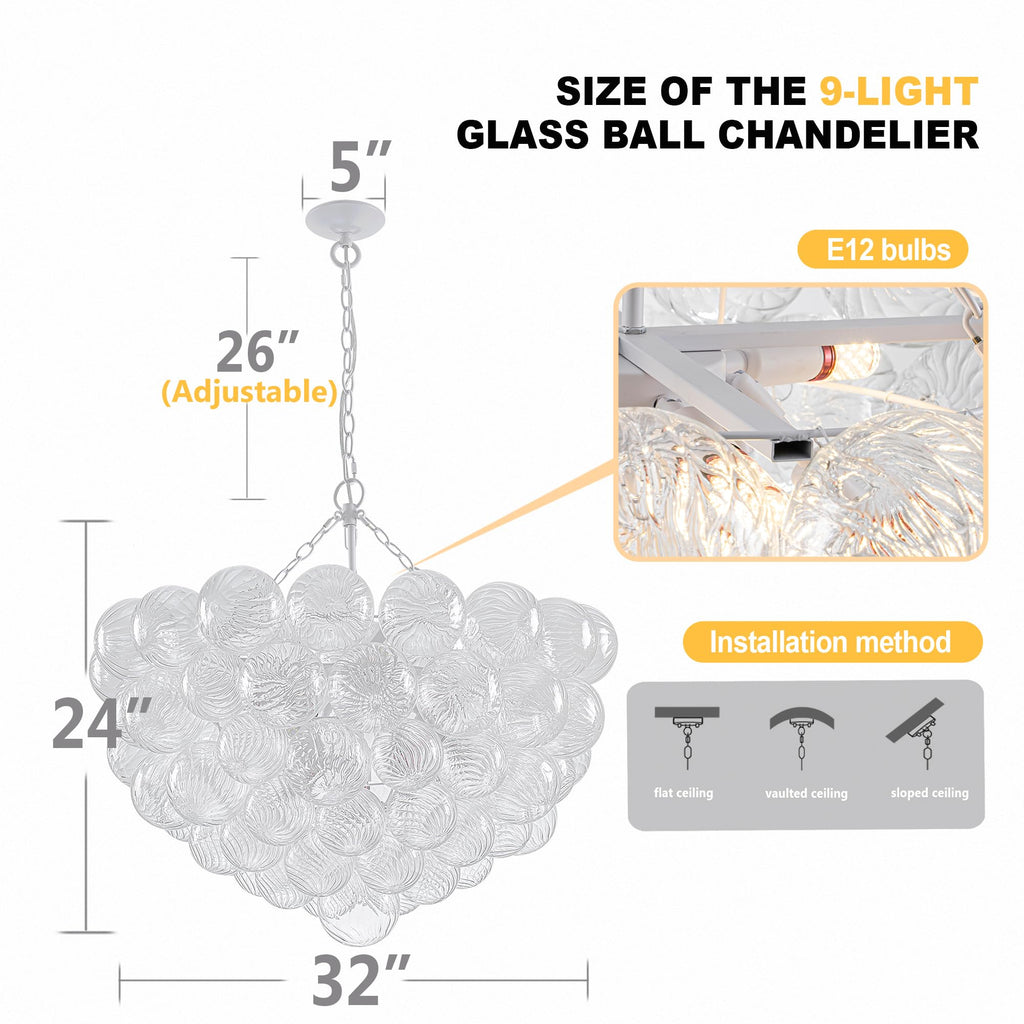 Longree Bubble Glass Ball Chandelier White 20" Dia Pendant Light | Swirled Glass Globe, for Dining Room Kitchen Bathroom Entry Bedroom