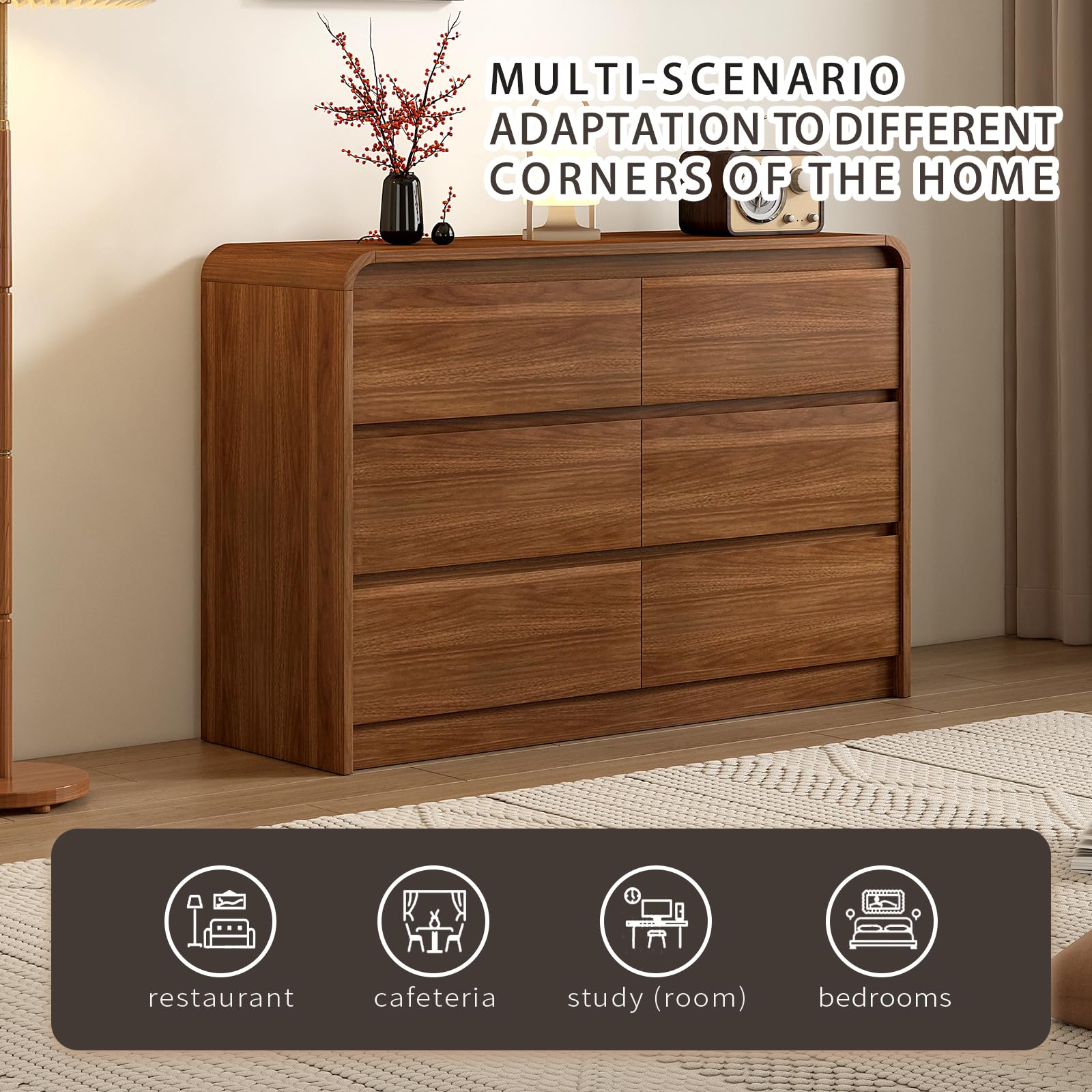 Messenya Modern 6 Drawer Dresser, 47-Inch Wood Chest of Drawers, Curved Anti-Collision Design, Mid-Century Storage Cabinet, Pre-Embedded Slots, for Bedroom, Living Room, TV Stand, Nursery