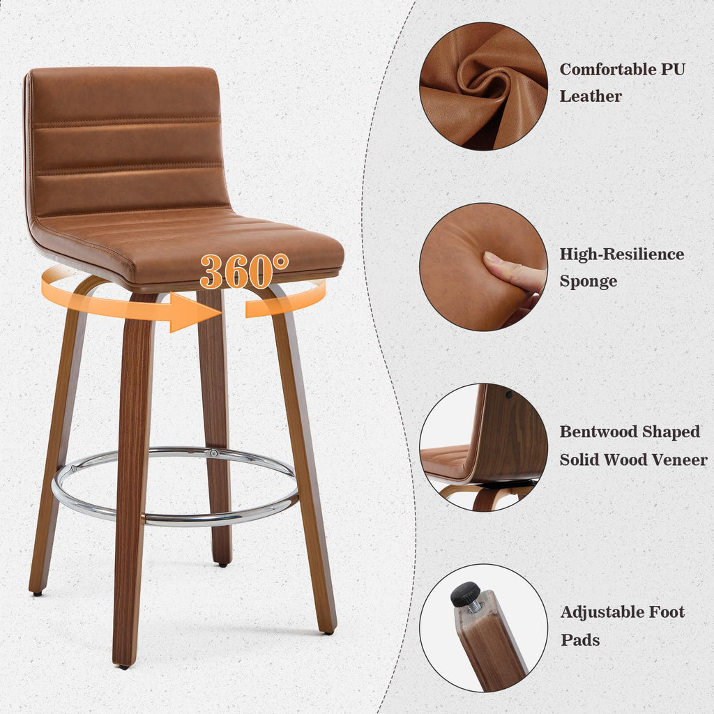 Bar Stools 29 Inch Bar Height, Swivel Bar Stools with Backs Upholstered PU Leather Barstool, L Shape Back and Padded Seat, Mid-Century Modern Bar Stool Pub Chairs for Kitchen Counter Island, Black