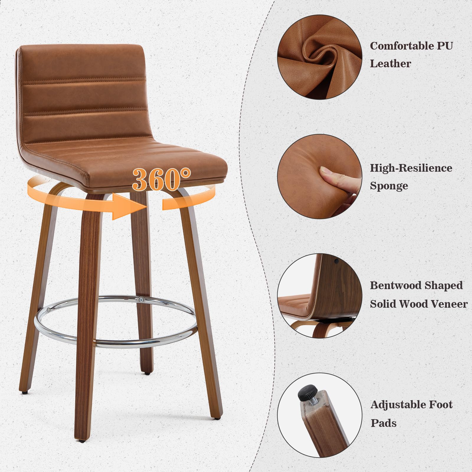 Bar Stools 29 Inch Bar Height, Swivel Bar Stools with Backs Upholstered PU Leather Barstool, L Shape Back and Padded Seat, Mid-Century Modern Bar Stool Pub Chairs for Kitchen Counter Island, Black