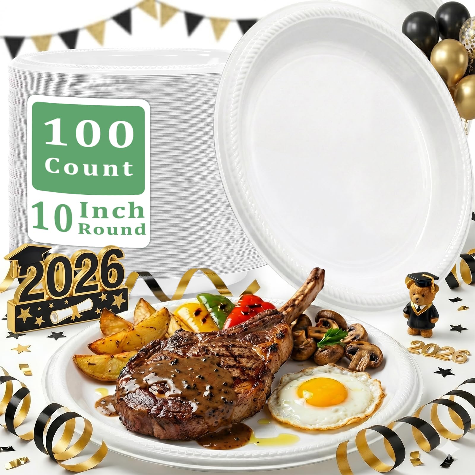 50 Pcs Black Plastic Plates, 10 Inch Black Plates, Black Party Plates Disposable for Birthday Weddings Fathers Day World Cup