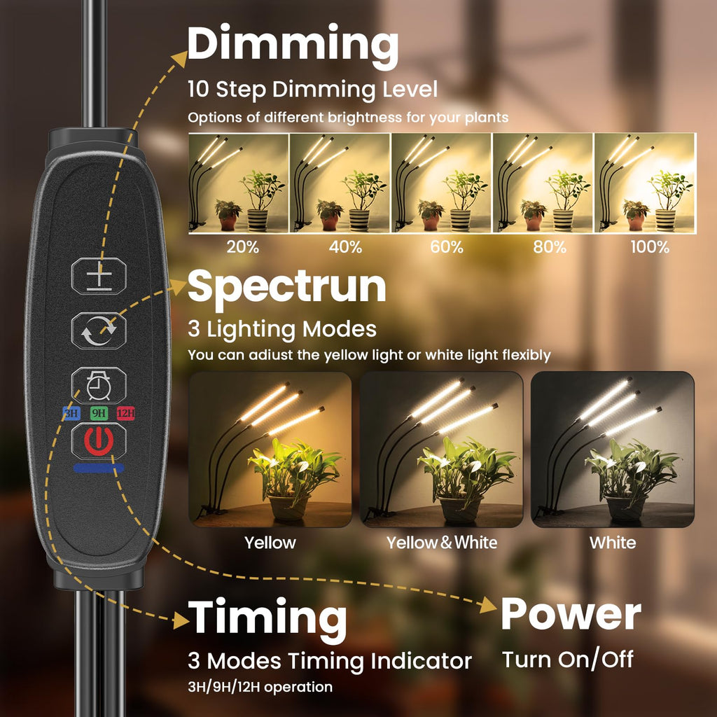bseah Grow Light Plant Lights for Indoor Plants, Full Spectrum Plant Grow Lamp, 10 Dimmable Levels, Auto ON & Off with 3/9/12H Timer