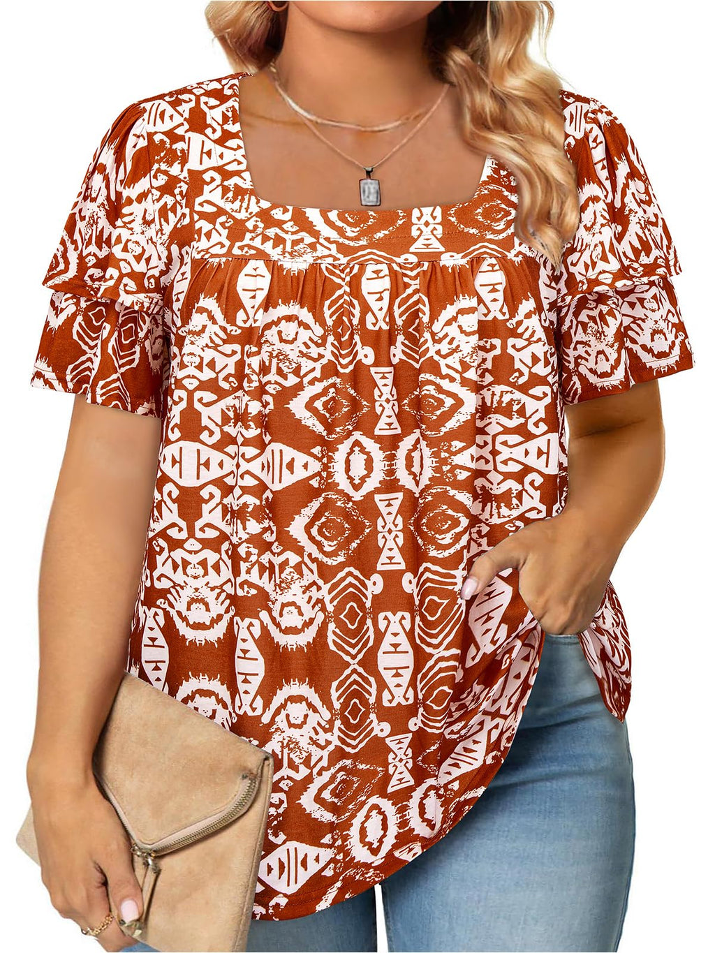 Siddhe Womens Plus Size Tops Loose Fit 3/4 Ruffle Sleeve Blouses Square Neck T Shirt Casual Tunic Tops(1X-5X)