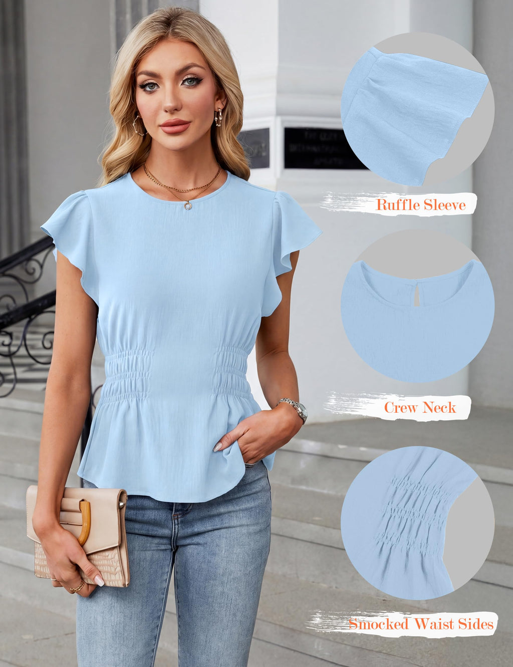 Blooming Jelly Women's Dressy Casual Blouses Business Ruffle Short Sleeve Tops Summer Crew Neck Smocked Shirts