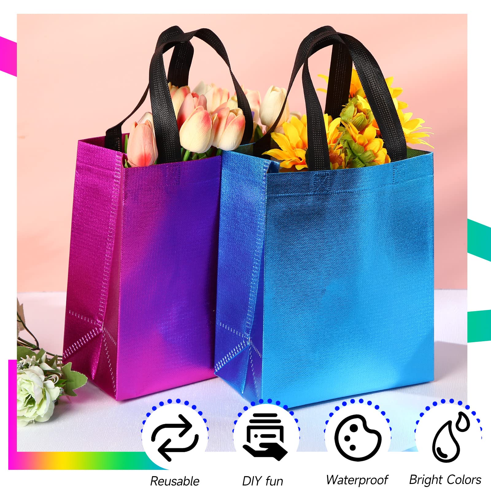 Eccliy 80 Pcs Reusable Gift Bags Set Glossy Grocery Gift Tote Bag with Hadnle for Wedding, Father's Day, Graduation, Summer Event (10 x 8 x 4.7 Inch,Black)