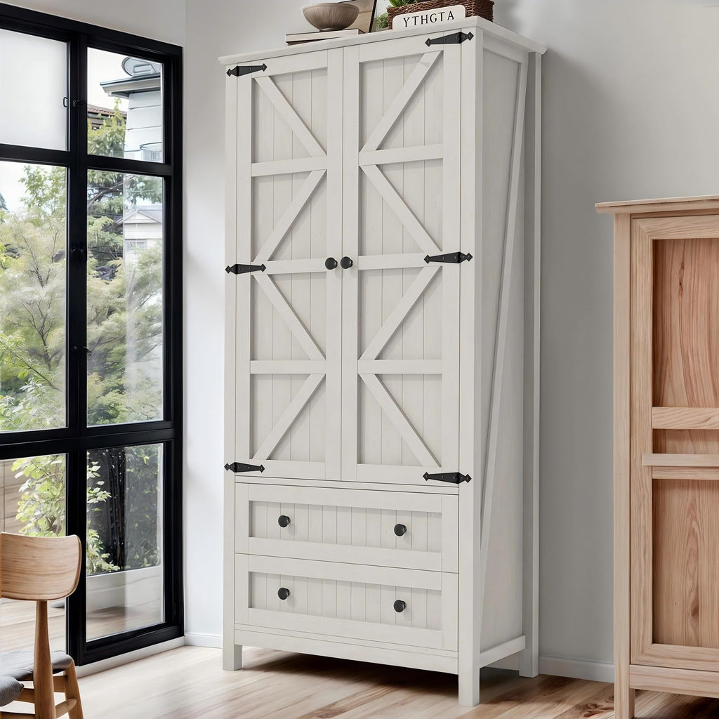 DWVO Farmhouse Kitchen Pantry Cabinet, 64.5" Tall Storage Cabinet with 2 Drawers and Adjustable Shelves, Versatile Storage for Living Room, Dining Room or Hallway, Oak Black