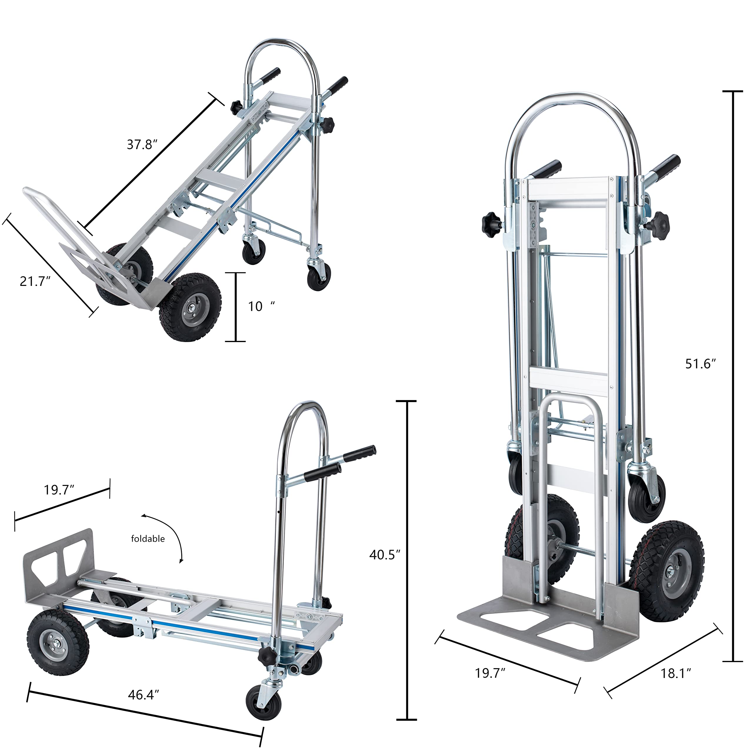 LEADALLWAY Hand Truck Aluminum Foldable Hand Cart with 6" Wheels 220 lbs Capacity