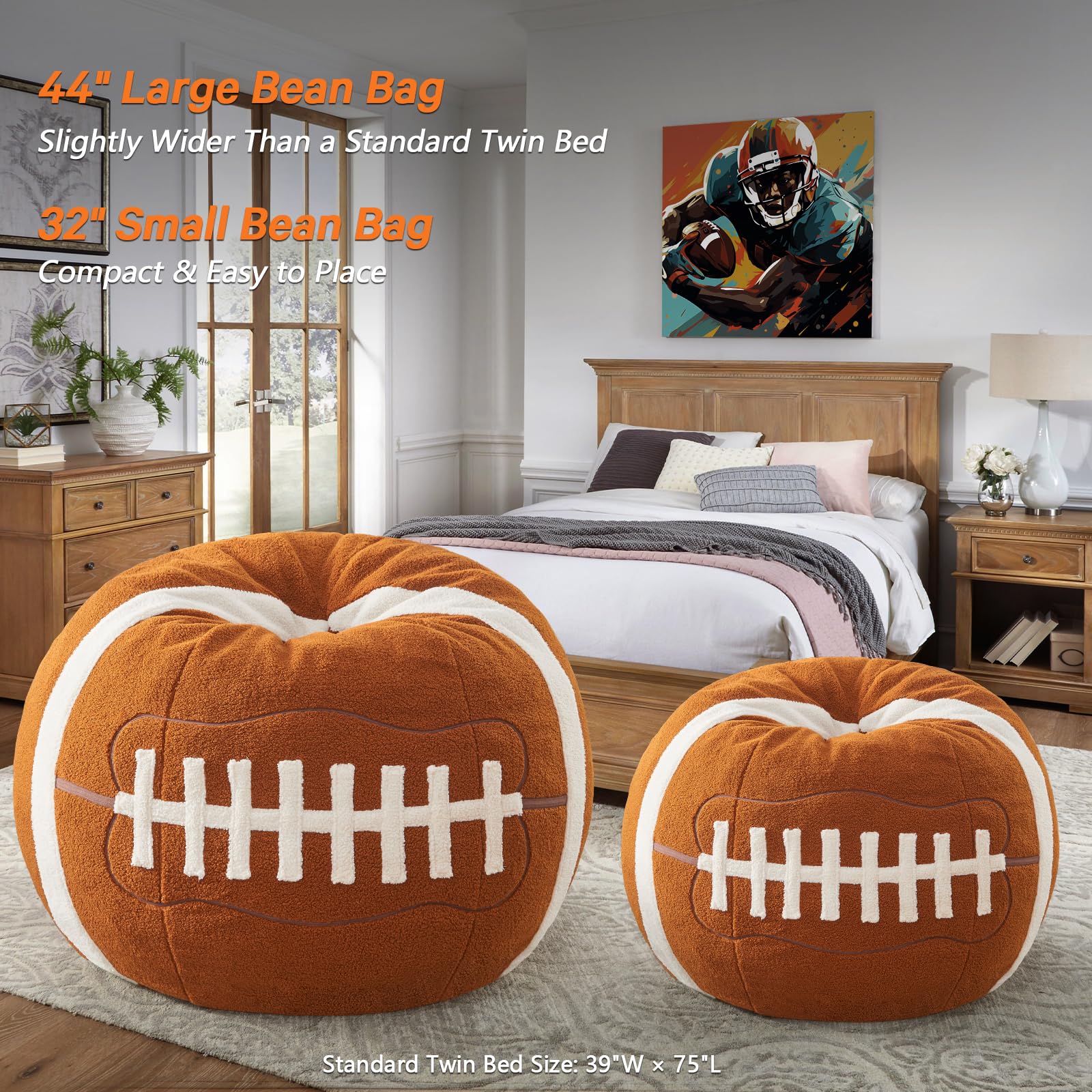 Sports Baseball Bean Bag Chair - Luxurious Bean Bag Chairs for Kids Teens Adults - Floor Sofa Couch with Filler - Plush BeanBag Furniture for Living Room Bedroom College Dorm - 32 Inch