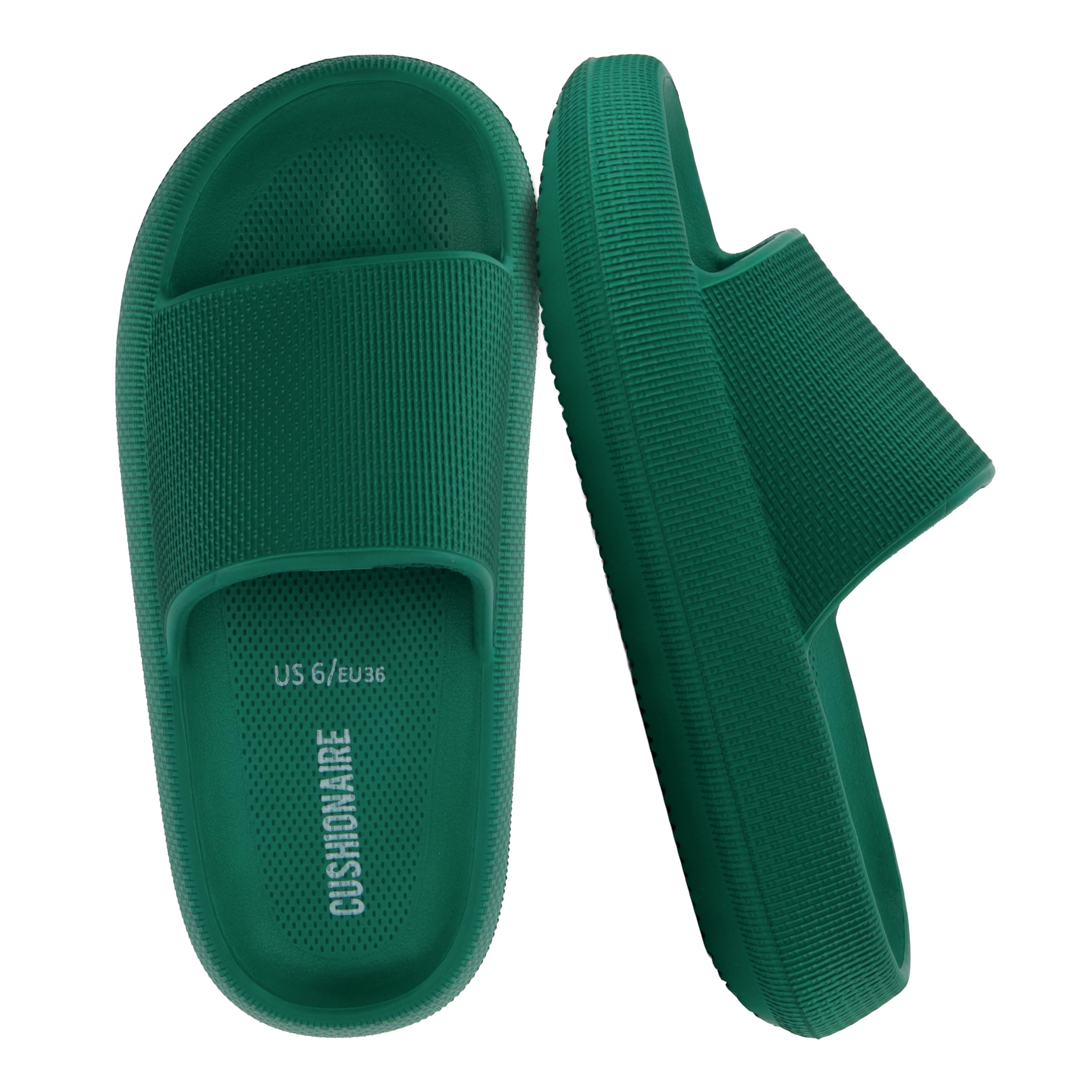CUSHIONAIRE Feather EVA Slides for Women – Comfortable Slip On Womens Slippers, Indoor Outdoor Shower Shoes, Beach Essential Cloud Slides