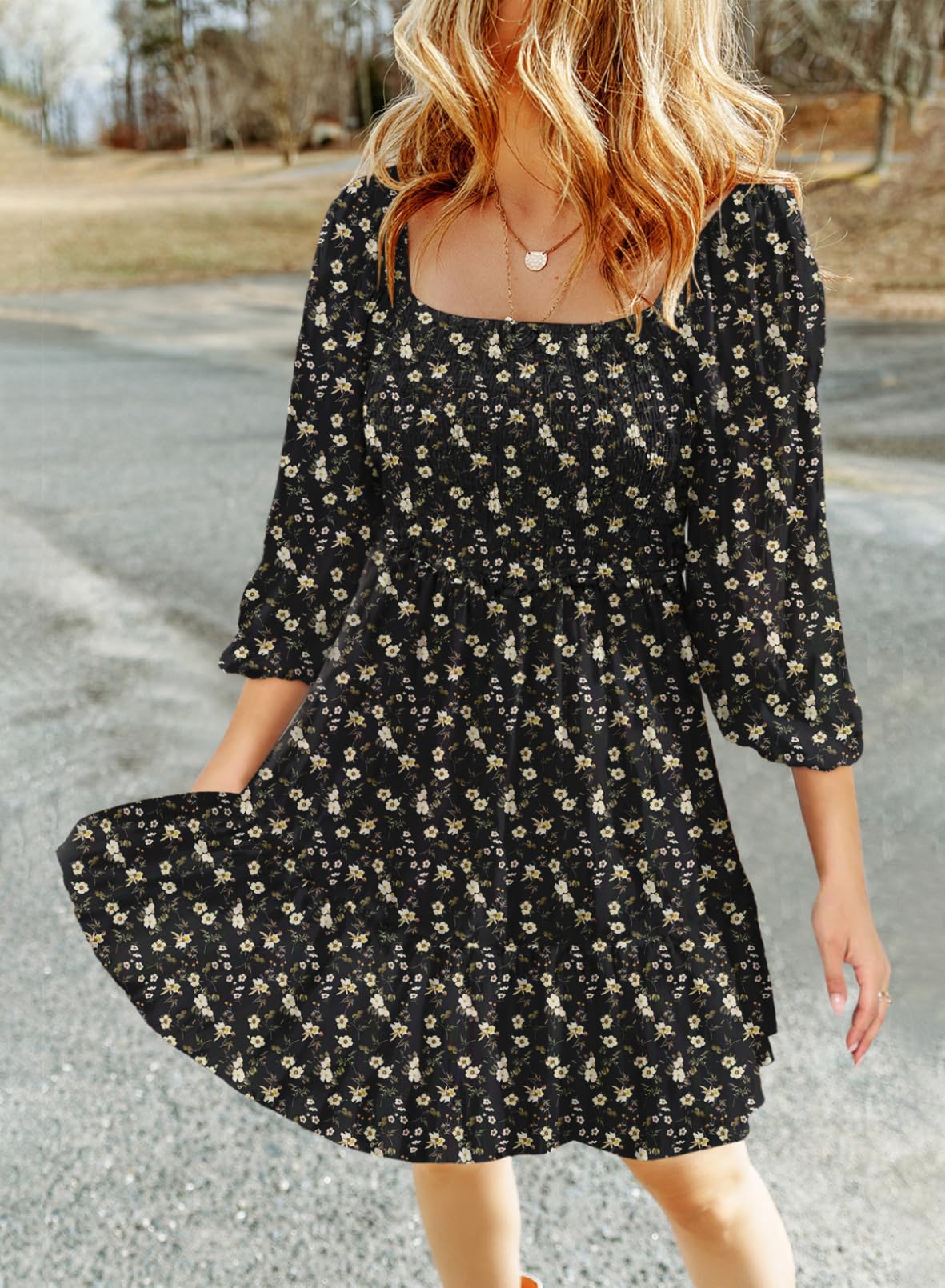 Dokotoo Fall Dresses for Women 2025 Boho Floral Square Neck Smocked 3/4 Sleeve Casual A-Line Swing Mini Dress Sundress