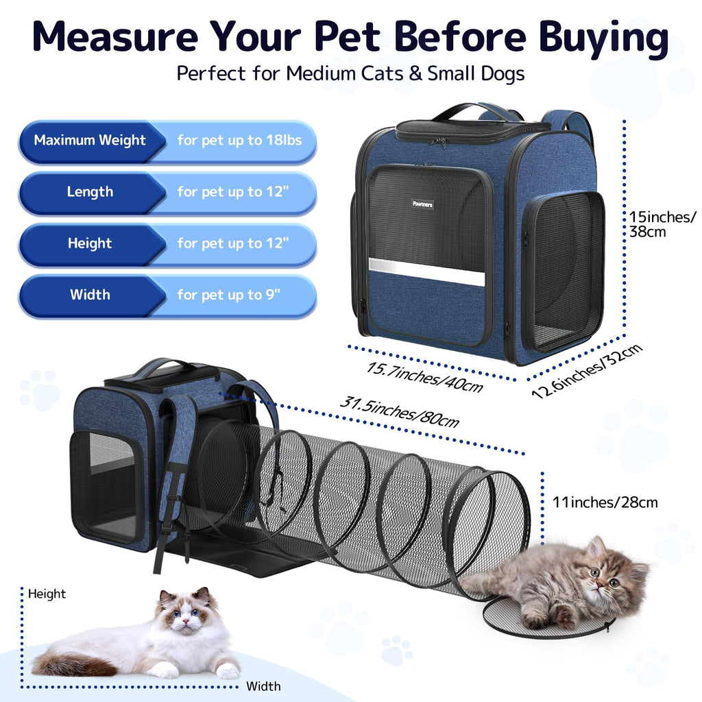 Cat Carrier Backpack with Detachable Play Tunnel, 2 in 1 Cat Tunnel Backpack Suitable for Carrying & Playing, Expandable Pet Carrier for Small Medium Kitten Puppy, Suitable for Travel Hiking Camping