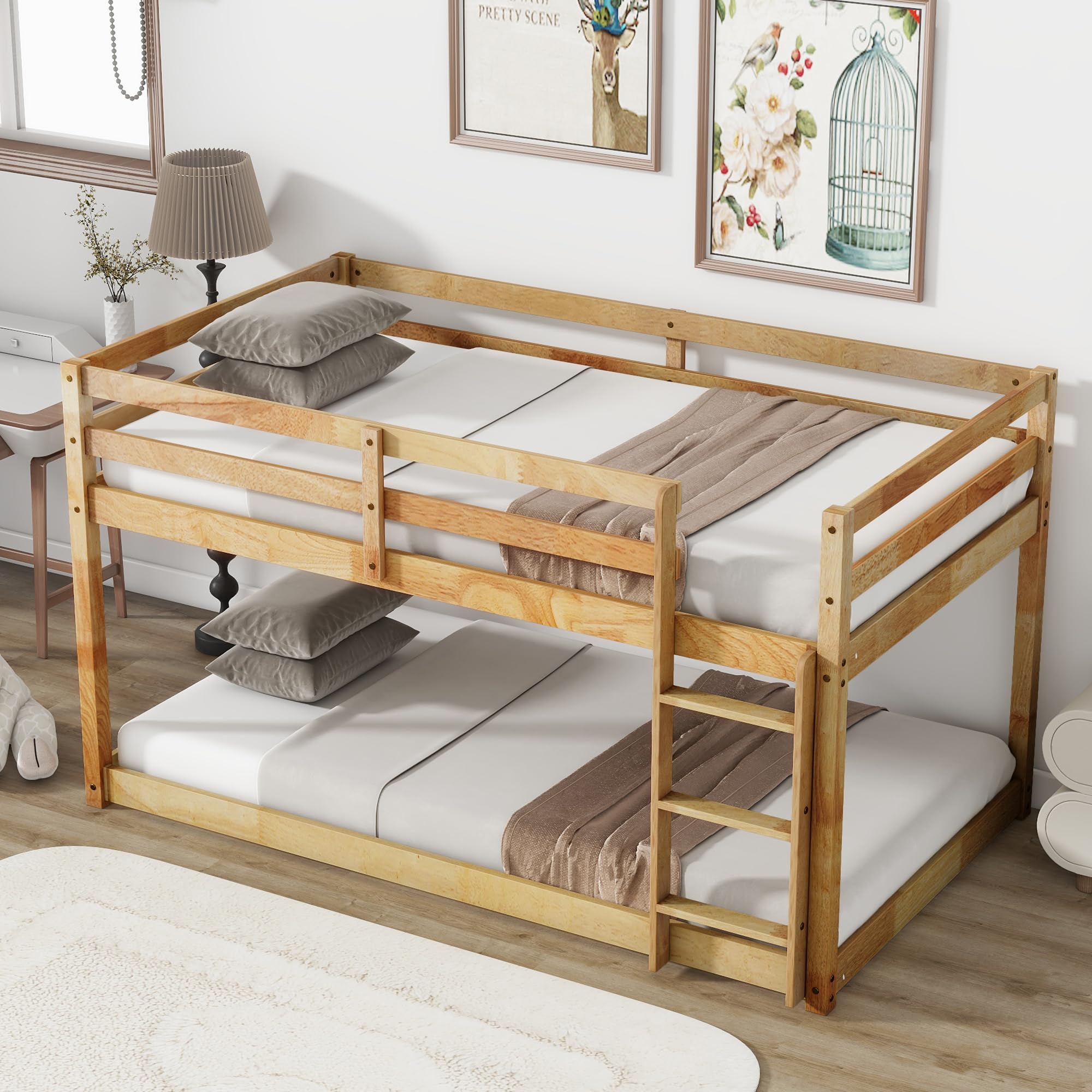Bunk Bed Twin Over Twin, Wood Low Profile Floor Twin Bunk Beds with Headboard Ladder Guardrails for Kids Boys and Girls, No Box Spring Needed
