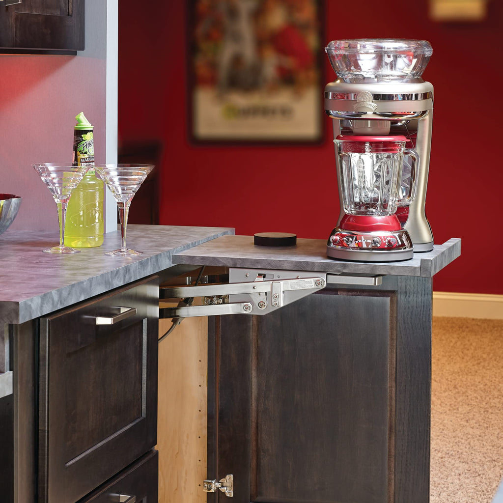 Rev-A-Shelf Heavy-Duty Stand Mixer Lift for Kitchen Base Cabinets, Zinc - Spring-Loaded Lifting System for Small Countertop Appliance Storage, Min Opening Width of 12", RAS-ML-HDCR