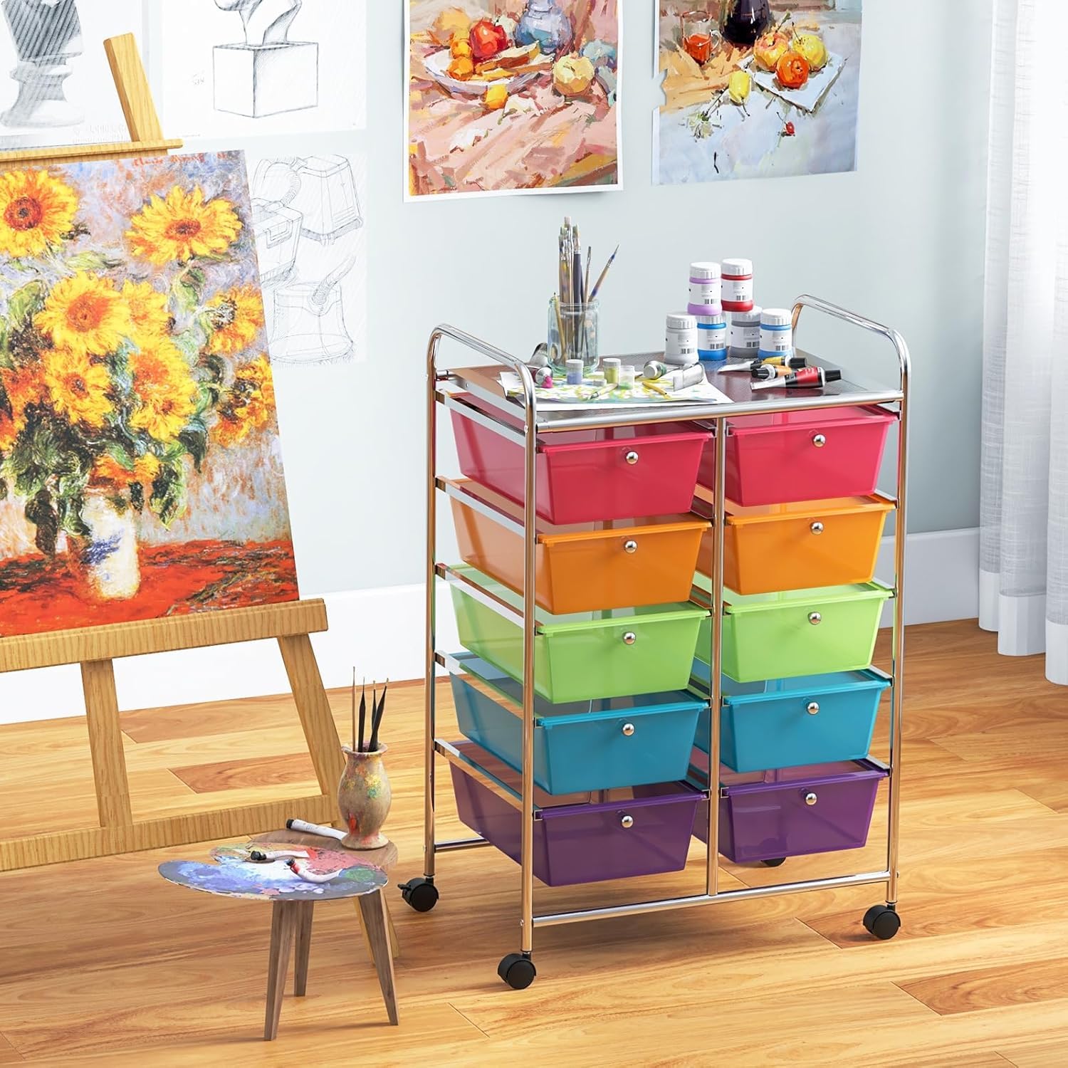LDAILY 9 Drawer Rolling Storage Cart, Rolling Cart with Drawers for Classroom, Art Supply Craft Organizer on Wheel with Metal Frame & Handles for Home Office School