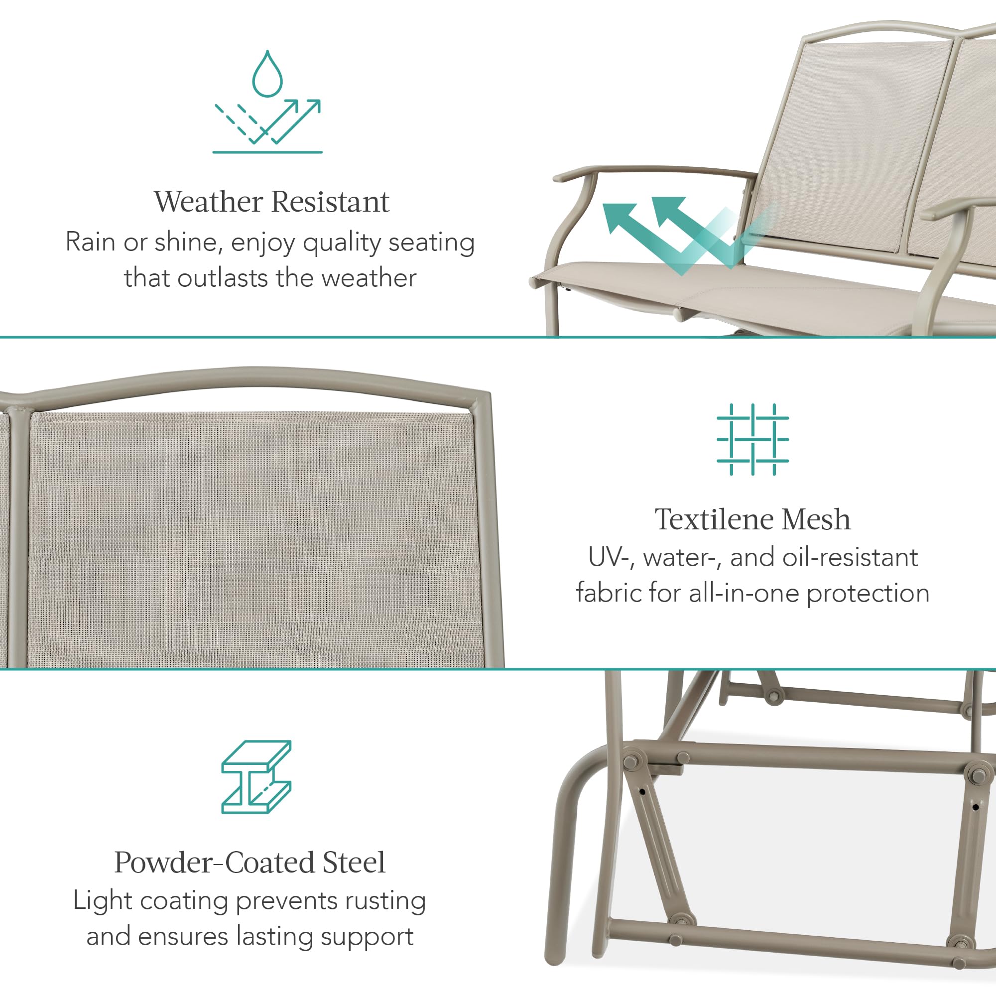 Best Choice Products 2-Person Outdoor Patio Swing Glider Steel Bench Loveseat Rocker for Deck, Porch w/Textilene Fabric, Steel Frame - Black