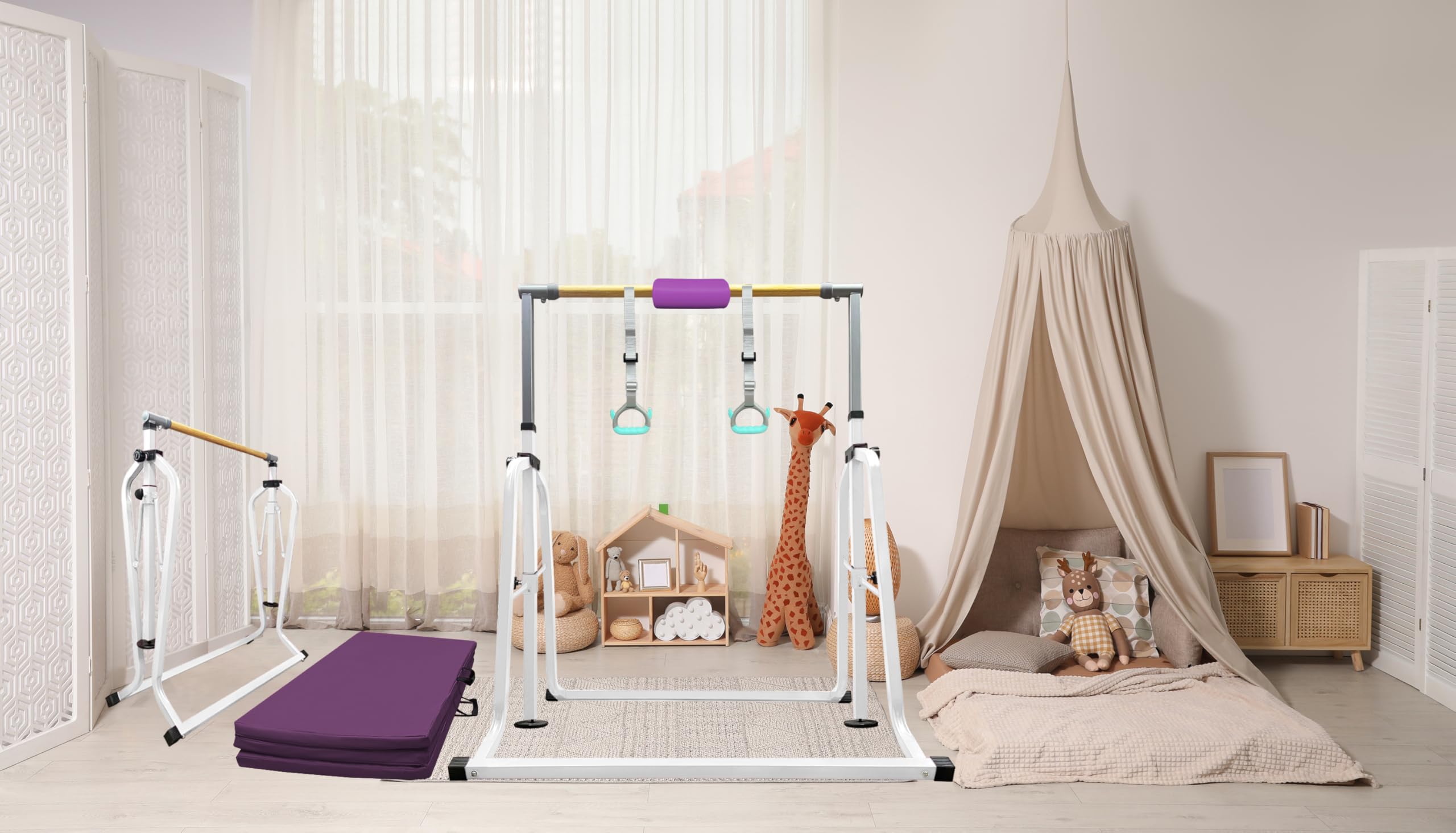 Foldable & Moveable Gymnastics Horizontal Bar with Rings,3’to 5’Adjustable Height Expandable Junior Kip Bar for Home,Indoor Gym Equipment for Kids