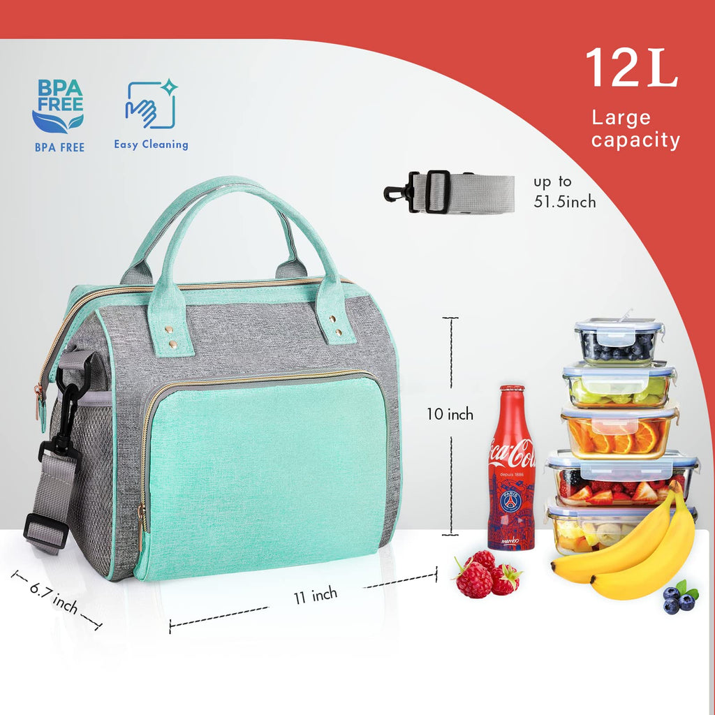 IDEATECH Insulated Lunch Box for Women & Men, Stylish Ladies Lunch Bag for Work, Leak Proof Portable Cooler Bag for Picnic, Black Lunch Tote Bags with Adjustable Shoulder Strap, Gifts for Mom (Black)