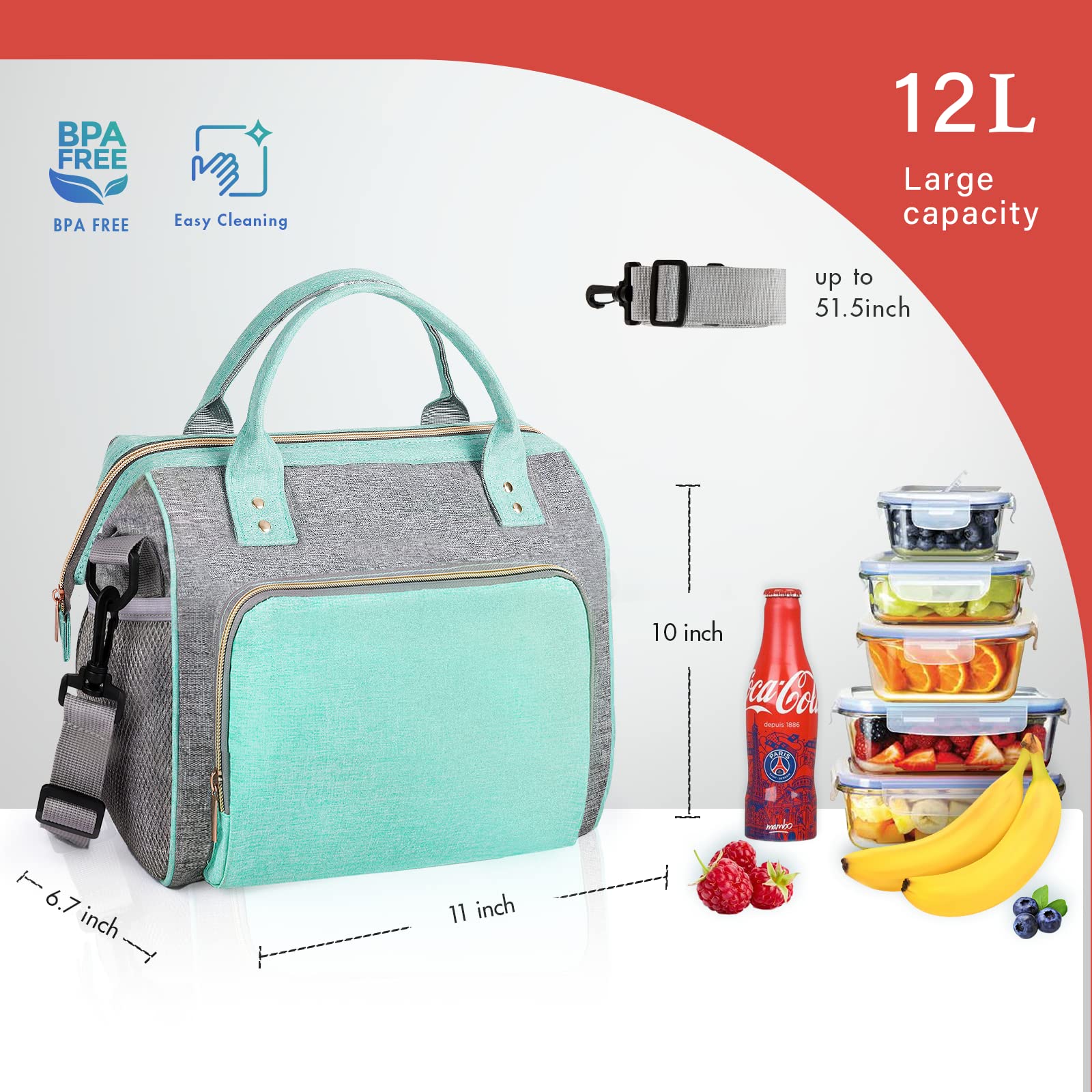 IDEATECH Insulated Lunch Box for Women & Men, Stylish Ladies Lunch Bag for Work, Leak Proof Portable Cooler Bag for Picnic, Black Lunch Tote Bags with Adjustable Shoulder Strap, Gifts for Mom (Black)