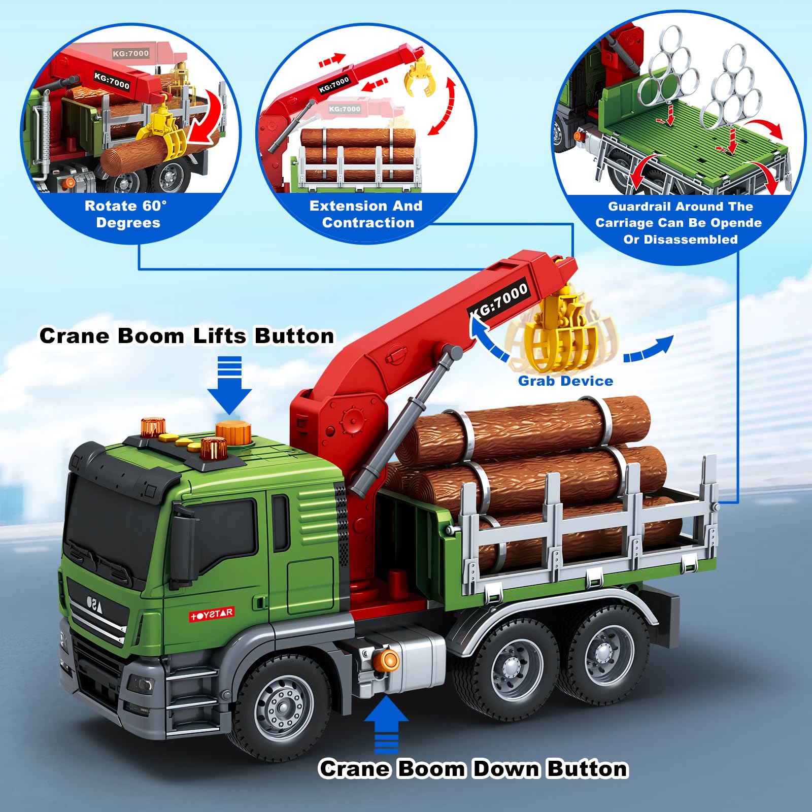 Bstoyder Kids Toys for 3 4 5 6 7 8 Years Old Boys, 15" Crane Truck Toy with Lights, Sounds, Toddler Friction Powered Truck Vehicle Toy for Boys Girls Birthday Gifts