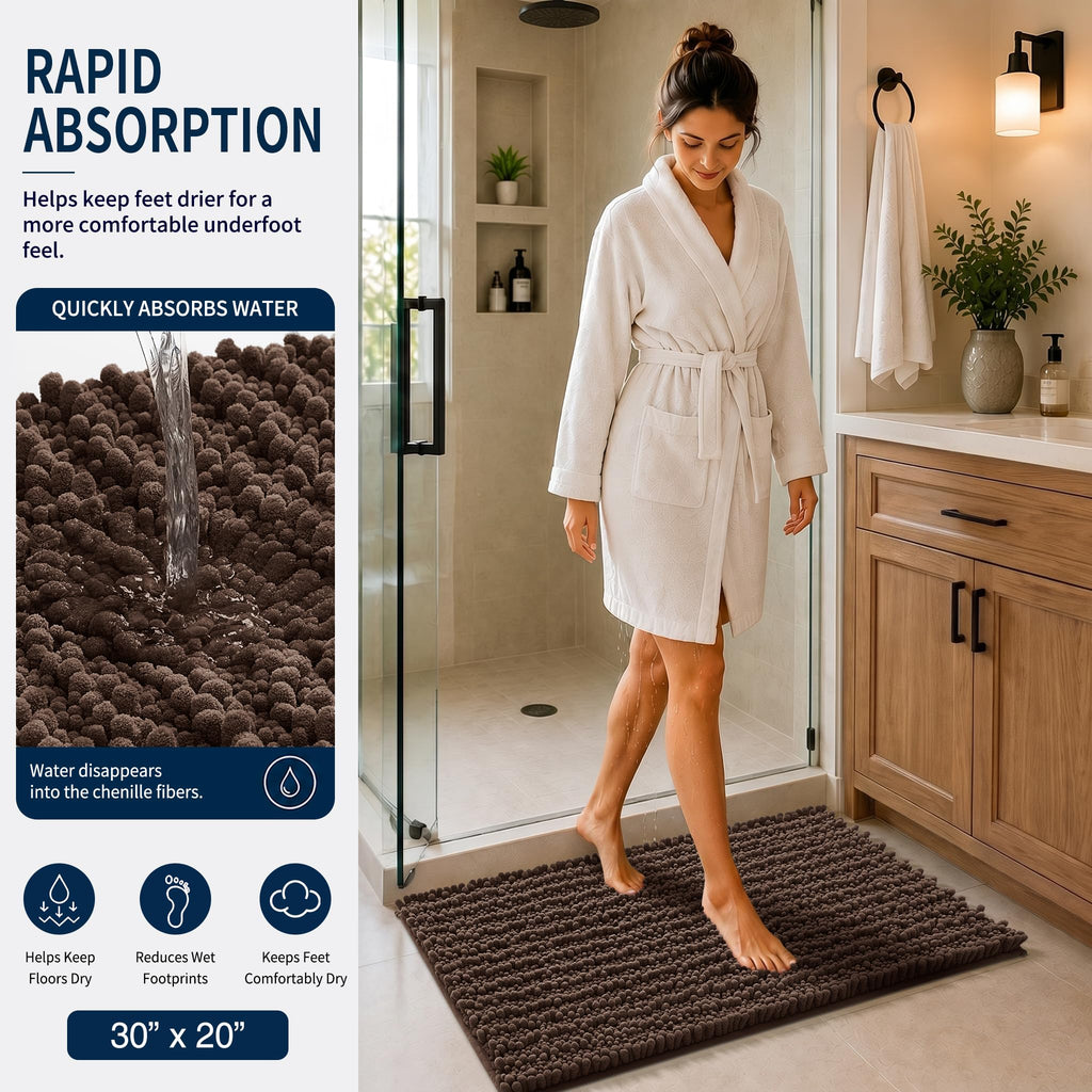 Yimobra Black Bathroom Rug Set 3 Piece - Super Absorbent Quick Dry Chenille Bath Mats & Toilet Rug, Non Slip Machine Washable, Extra Thick Shaggy Floor Mat for Shower Tub Sink