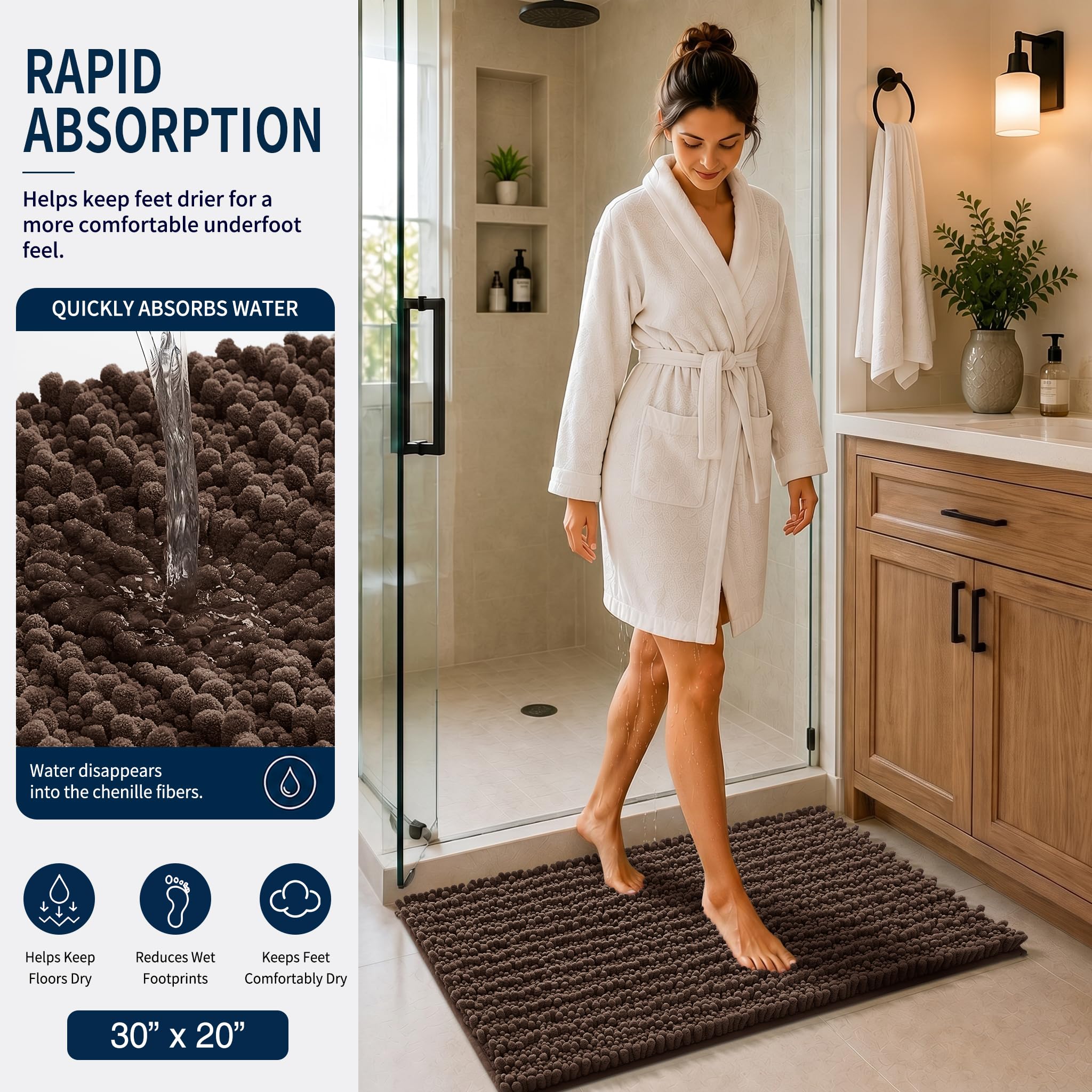 Yimobra Black Bathroom Rug Set 3 Piece - Super Absorbent Quick Dry Chenille Bath Mats & Toilet Rug, Non Slip Machine Washable, Extra Thick Shaggy Floor Mat for Shower Tub Sink