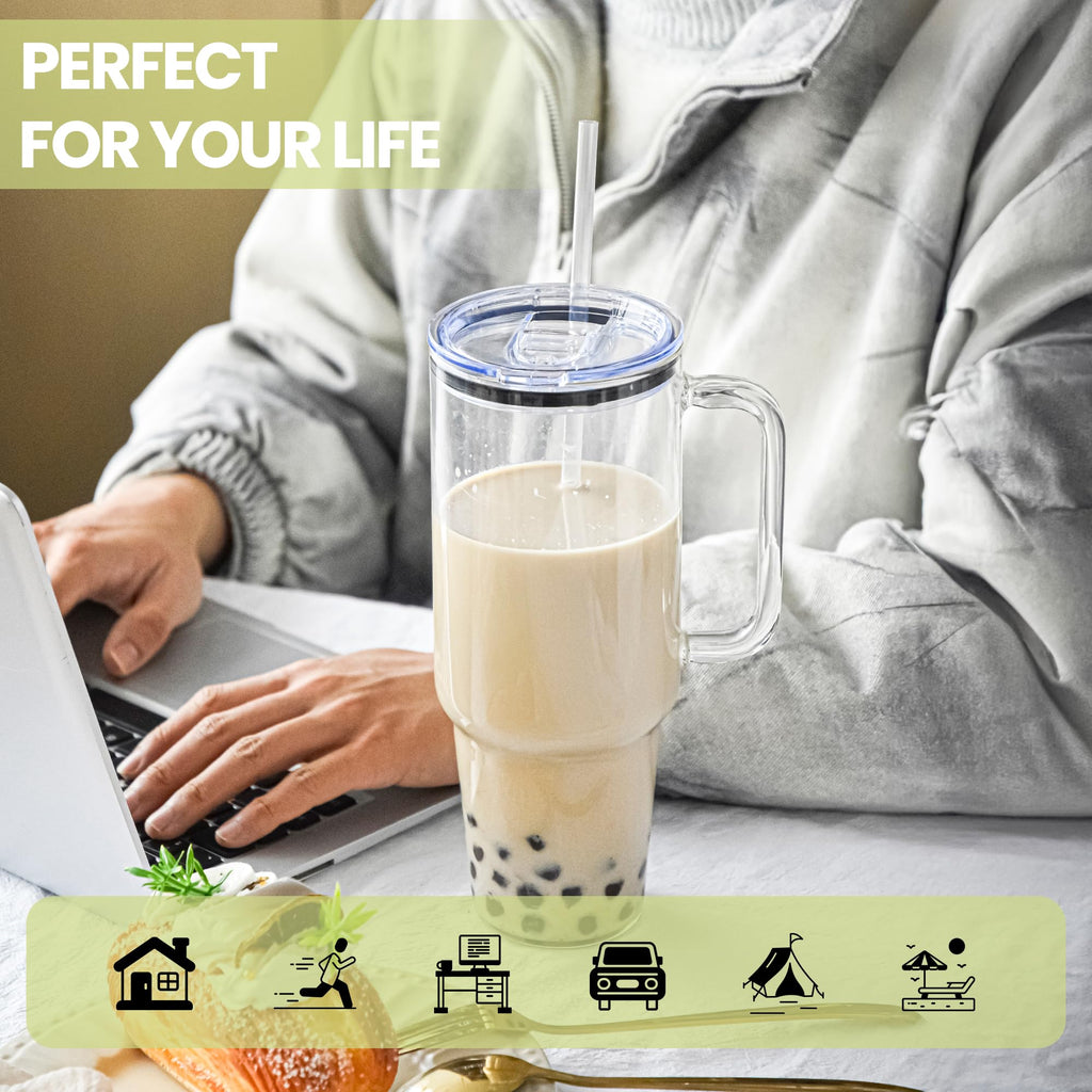 40 oz Glass Tumbler with Handle 12 Pack Glass Tumbler with Straw and Lid Clear Reusable Iced Coffee Cup, Fits Car Cup Holder, BPA Free, for Boba Tea, Juice, Smoothie, Beer(Sublimatable)