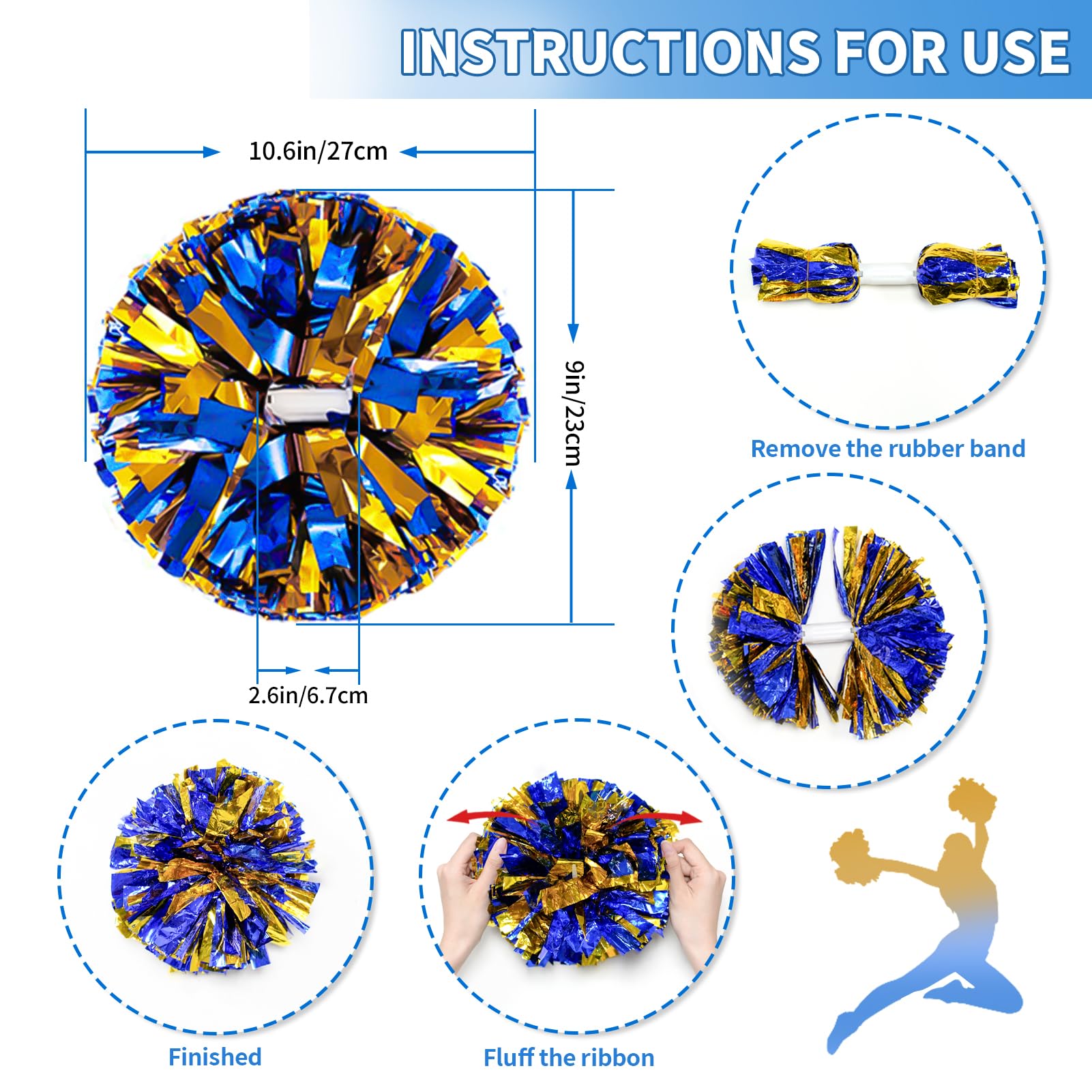 4Pcs Metallic Cheerleading Pom Poms, Creatiee 2 Pair Cheerleader Cheering Squad Pompoms for School Sports Dance Games Team Spirit Cheer