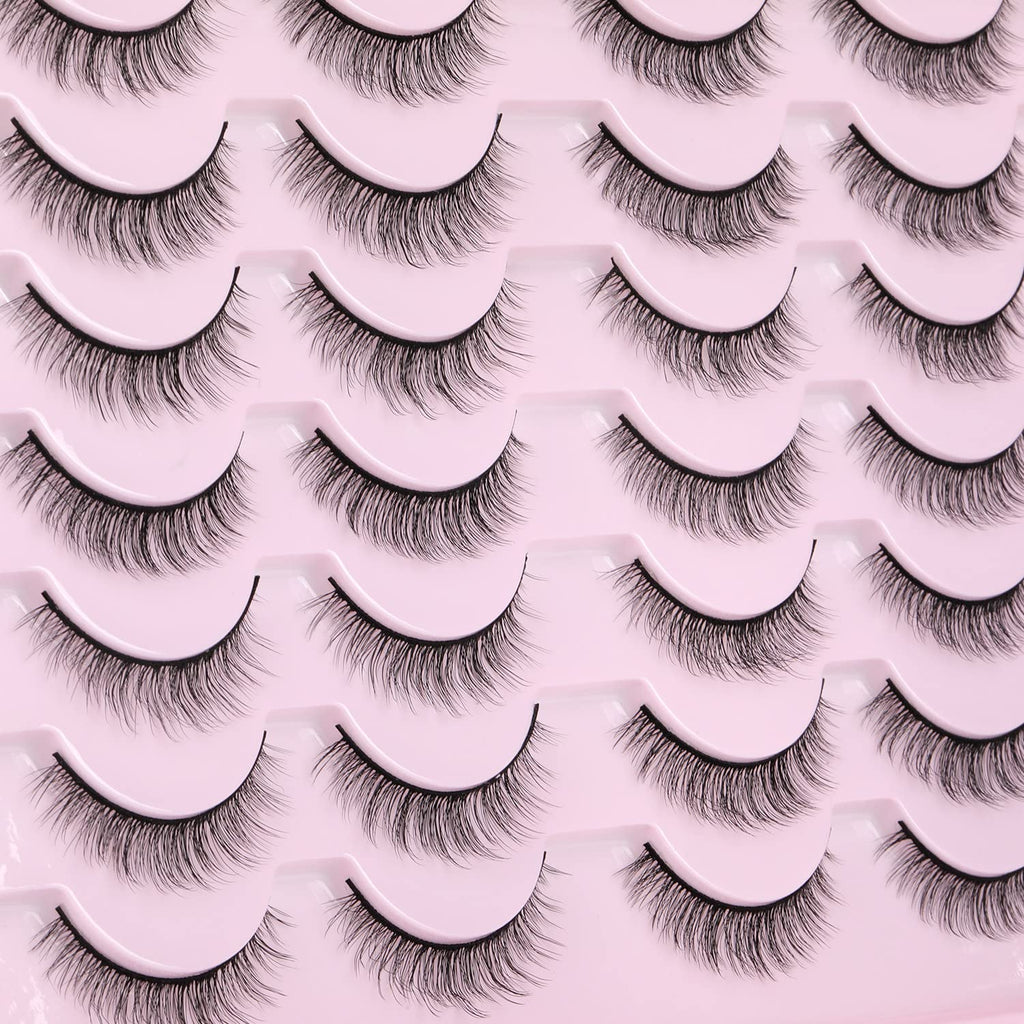 False Lashes Natural Look Wispy Eyelashes Manga Korean Spiky 16mm Short Faux Mink Eyelashes Cat Eye Natural Fake Eyelashes Strip Lashes Pack 14 Pairs