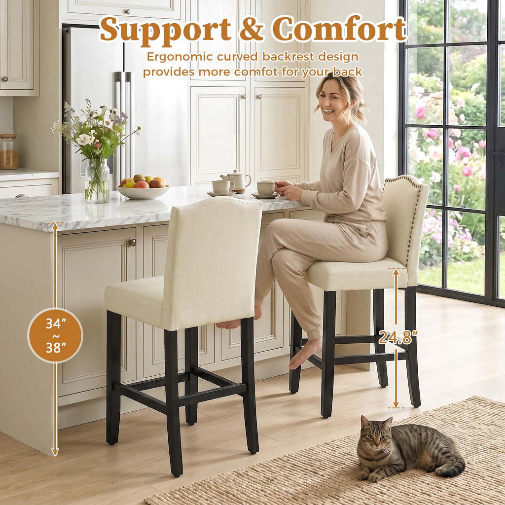 LSSPAID Counter Height Bar Stools Set of 2, 24.8 Inch Modern Upholstered Fabric Barstools, Kitchen Island Chairs with Bronze Nail Backrest and Solid Wood Legs for Kitchen Pub Home Cafe, Beige