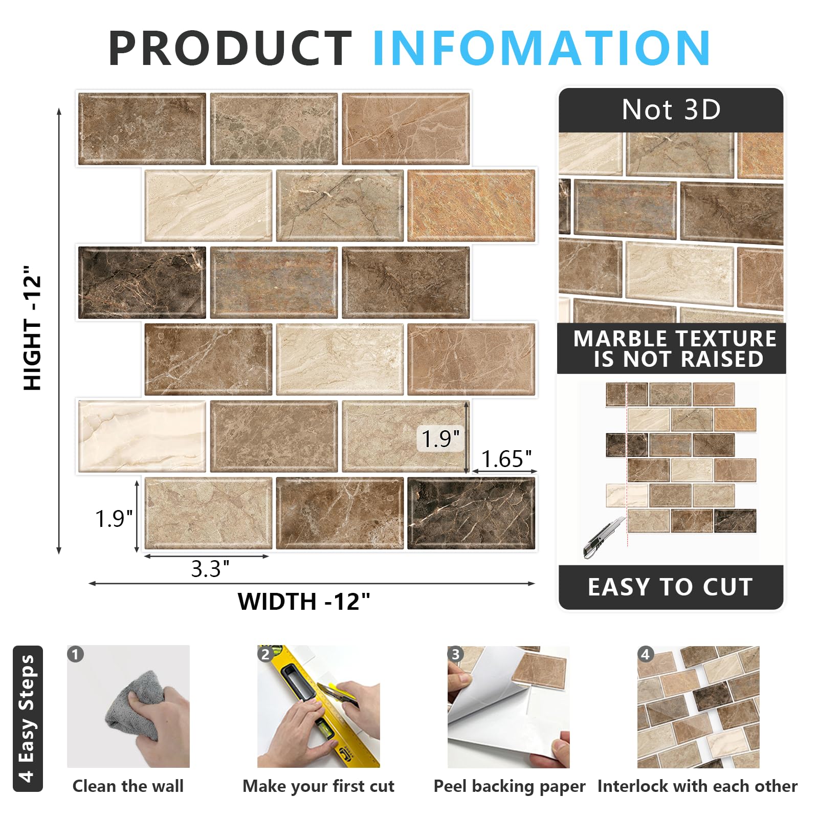 URCOLOR 10-Sheet Back Splashes for Kitchens Peel and Stick,12"x12" Self Adhesive Subway Wall Tiles Stick on backsplash Tiles for Bathroom Black Marble