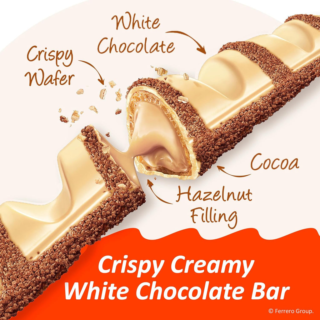 Kinder Bueno White Chocolate Bar with Crispy Wafer and Hazelnut Filling, 30 Pack, 2 Individually Wrapped Bars per Pack, 1.4 oz Each
