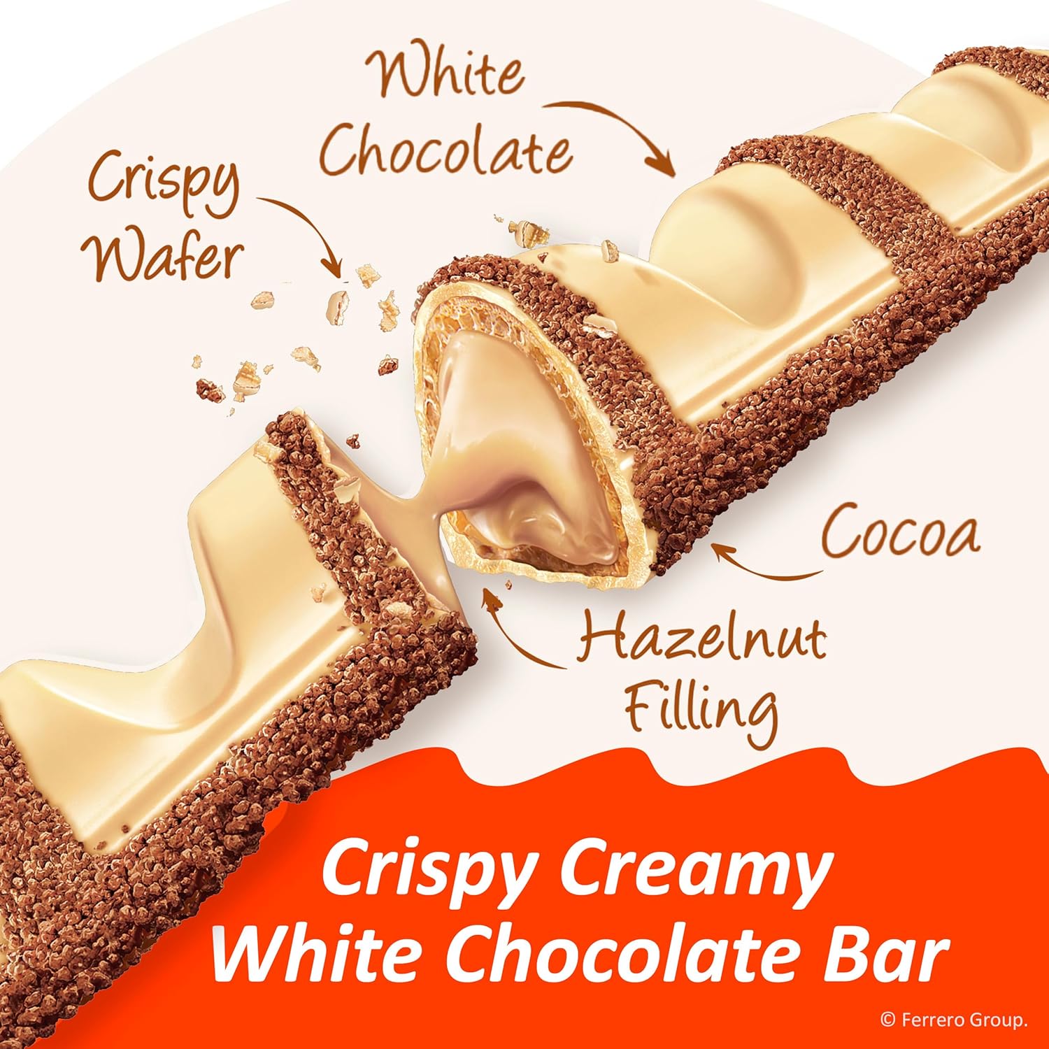 Kinder Bueno White Chocolate Bar with Crispy Wafer and Hazelnut Filling, 30 Pack, 2 Individually Wrapped Bars per Pack, 1.4 oz Each